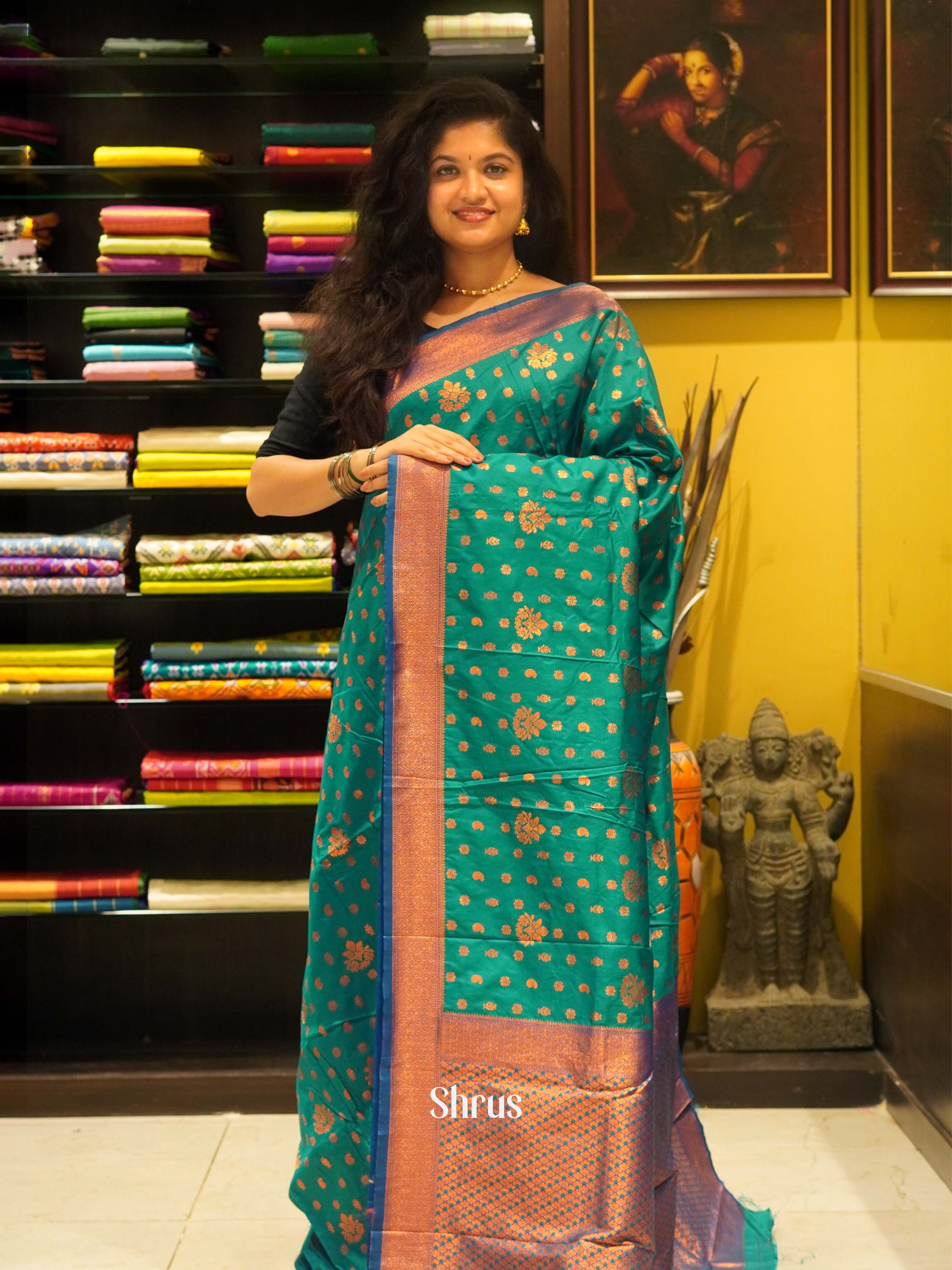 Green And Blue-semi kanchipuram saree - Shop on ShrusEternity.com