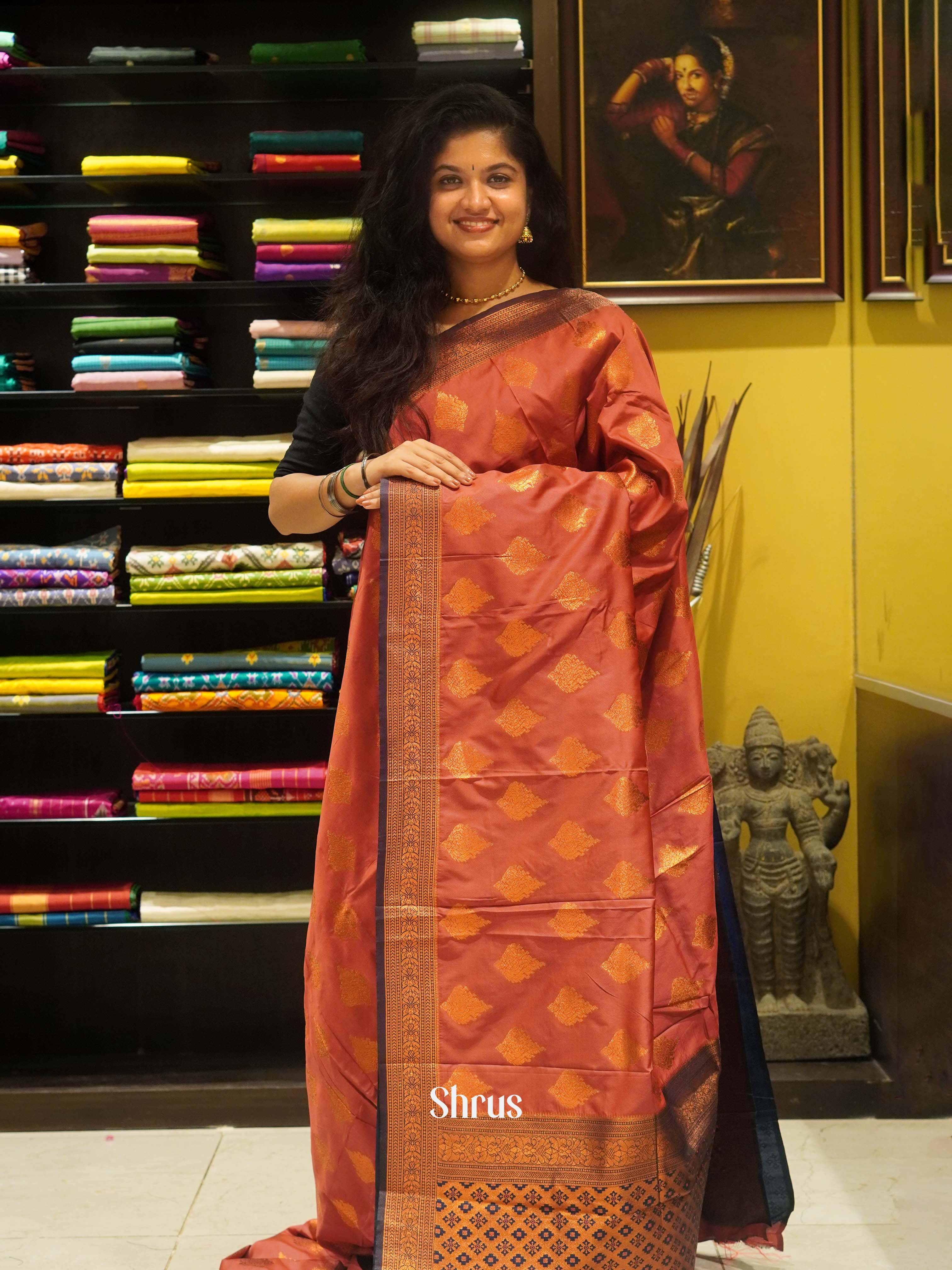 Peachish Pink & Blue - Semi Kanchipuram Saree - Shop on ShrusEternity.com