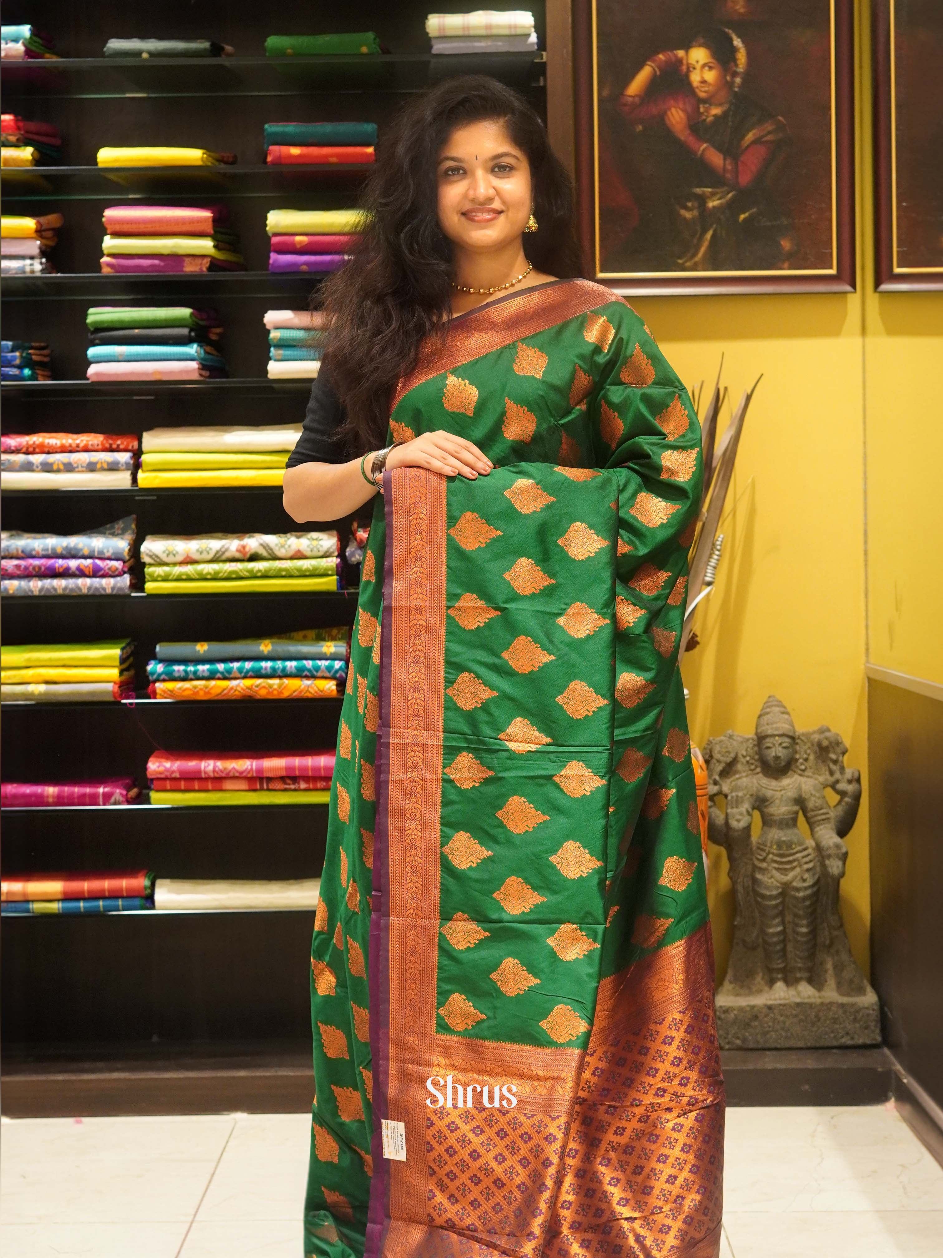 Green And Purple- Semi Kanchipuram Saree - Shop on ShrusEternity.com