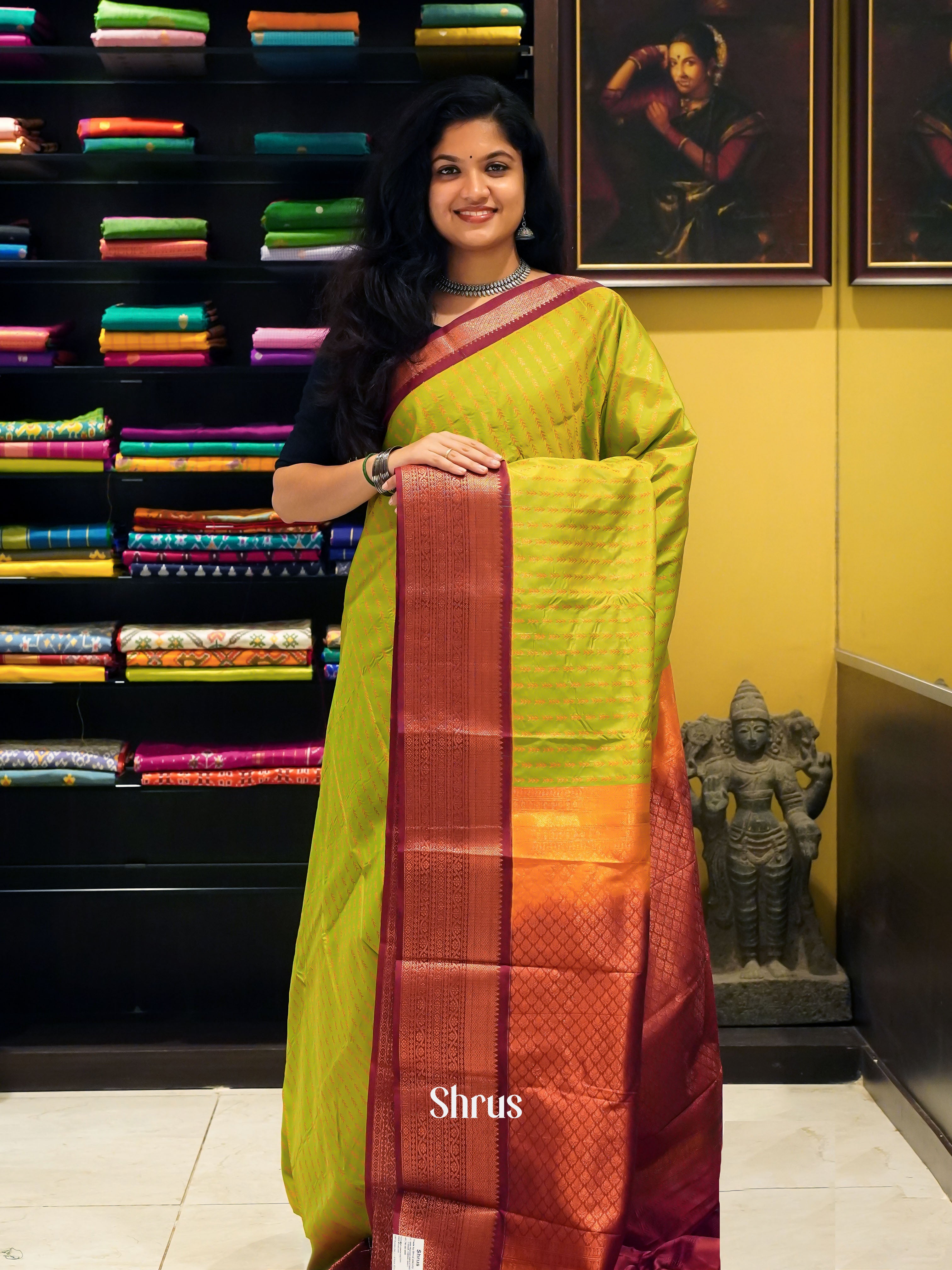 Green & Arakku Maroon - Semi Kanchipuram Saree - Shop on ShrusEternity.com