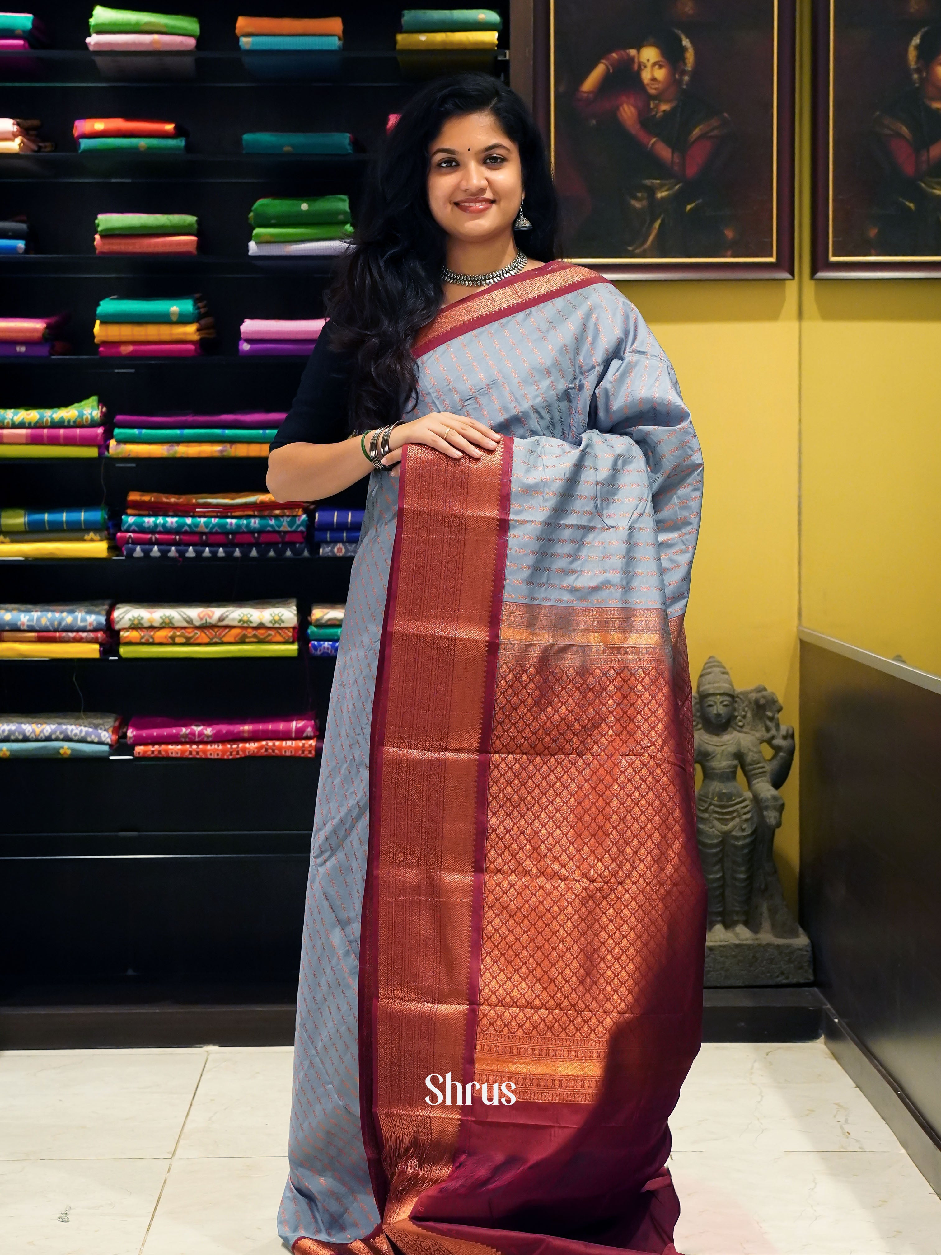 grey & Maroon - Semi Kanchipuram Saree - Shop on ShrusEternity.com