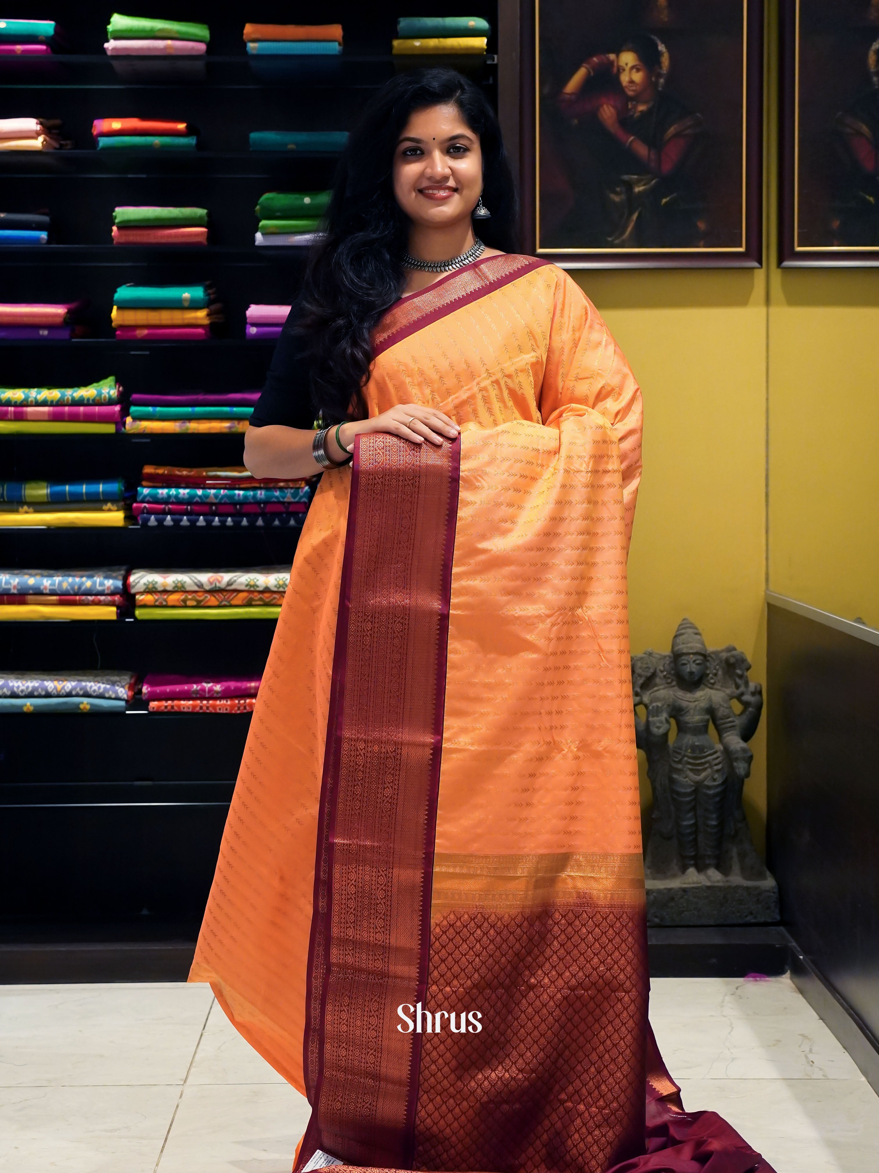 Orange & Maroon - Semi Kanchipuram Saree - Shop on ShrusEternity.com