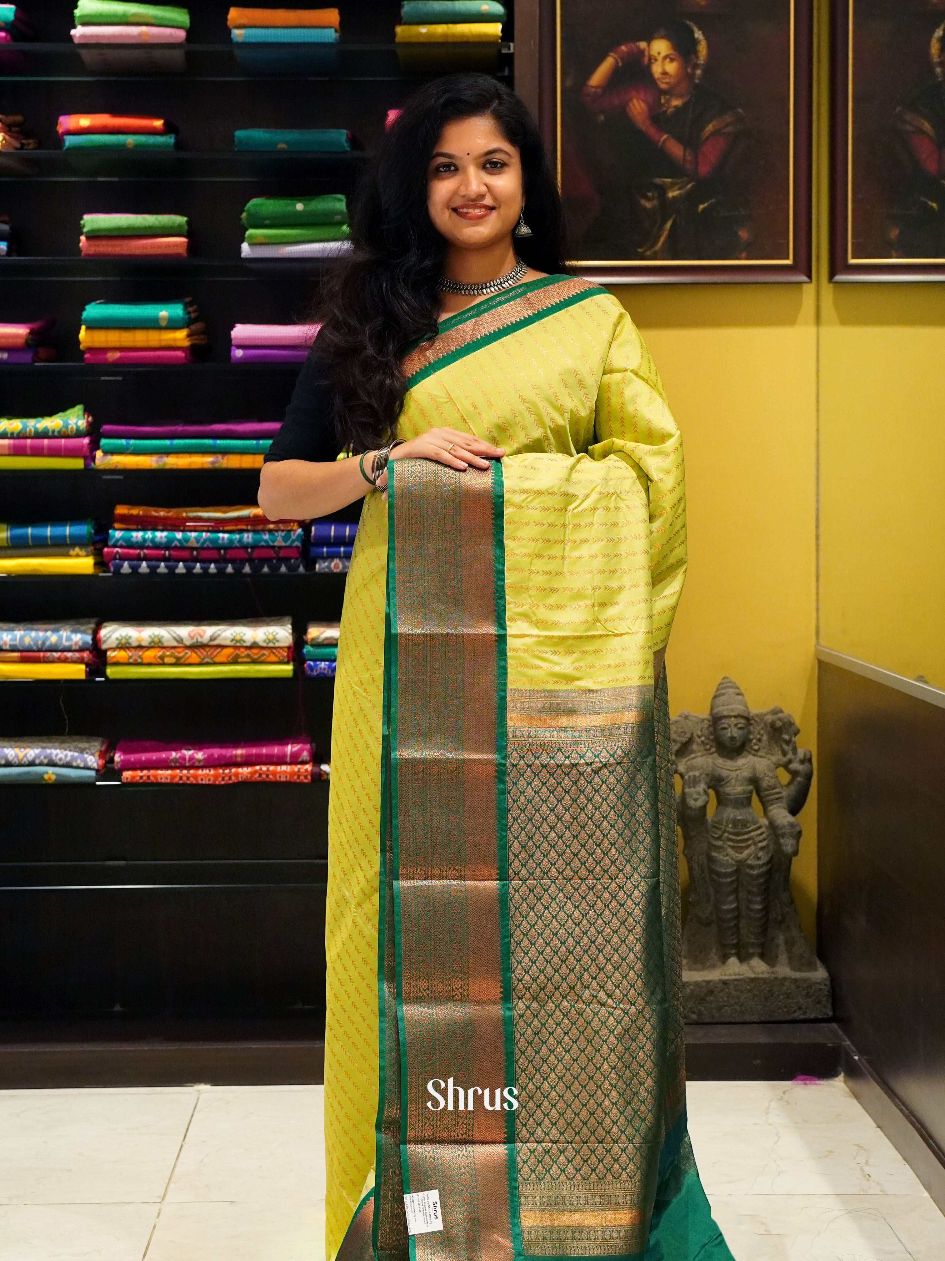Lite Green& Green - Semi Kanchipuram Saree - Shop on ShrusEternity.com