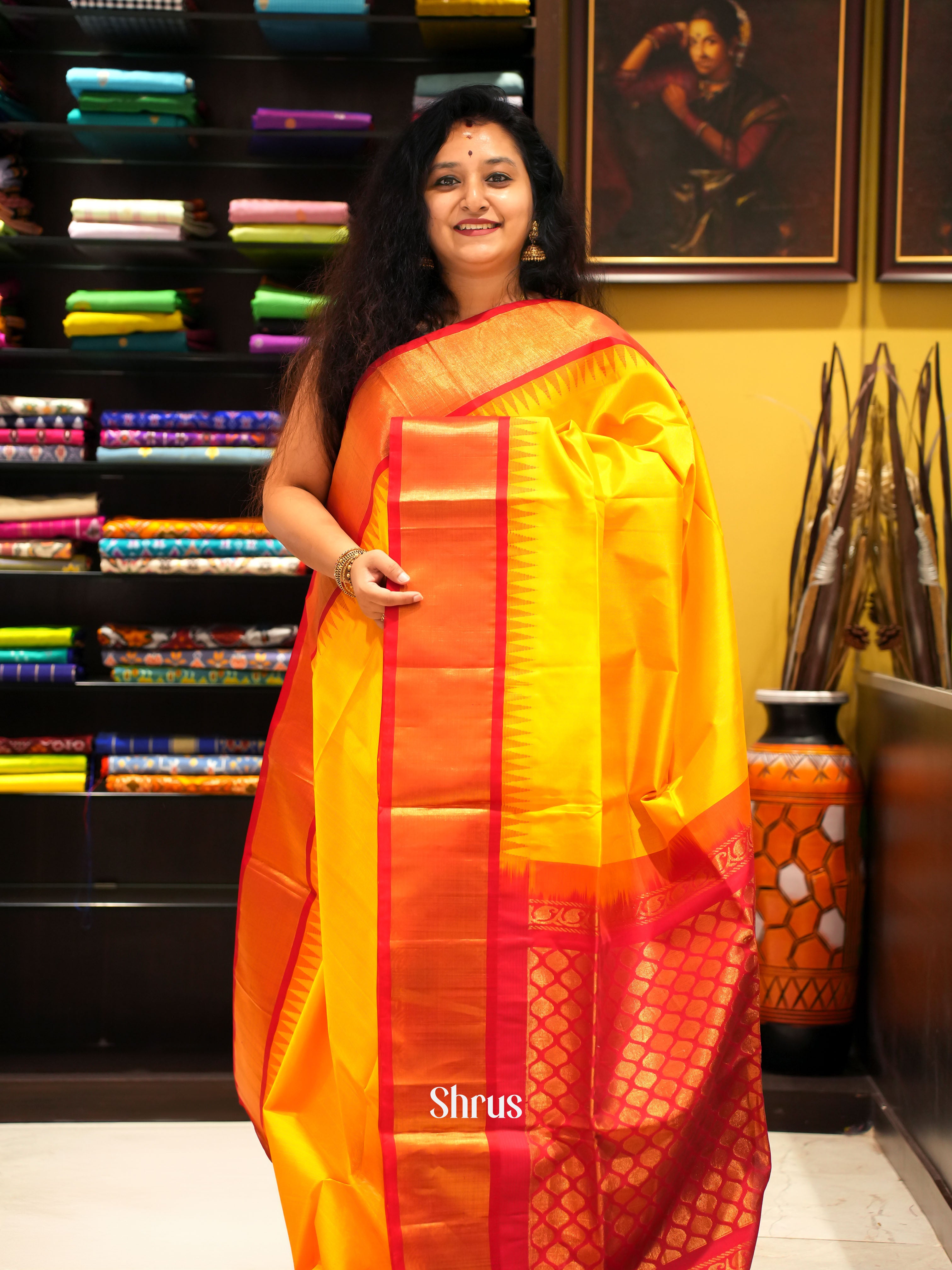 Yellow And Red- Silk Cotton Saree - Shop on ShrusEternity.com