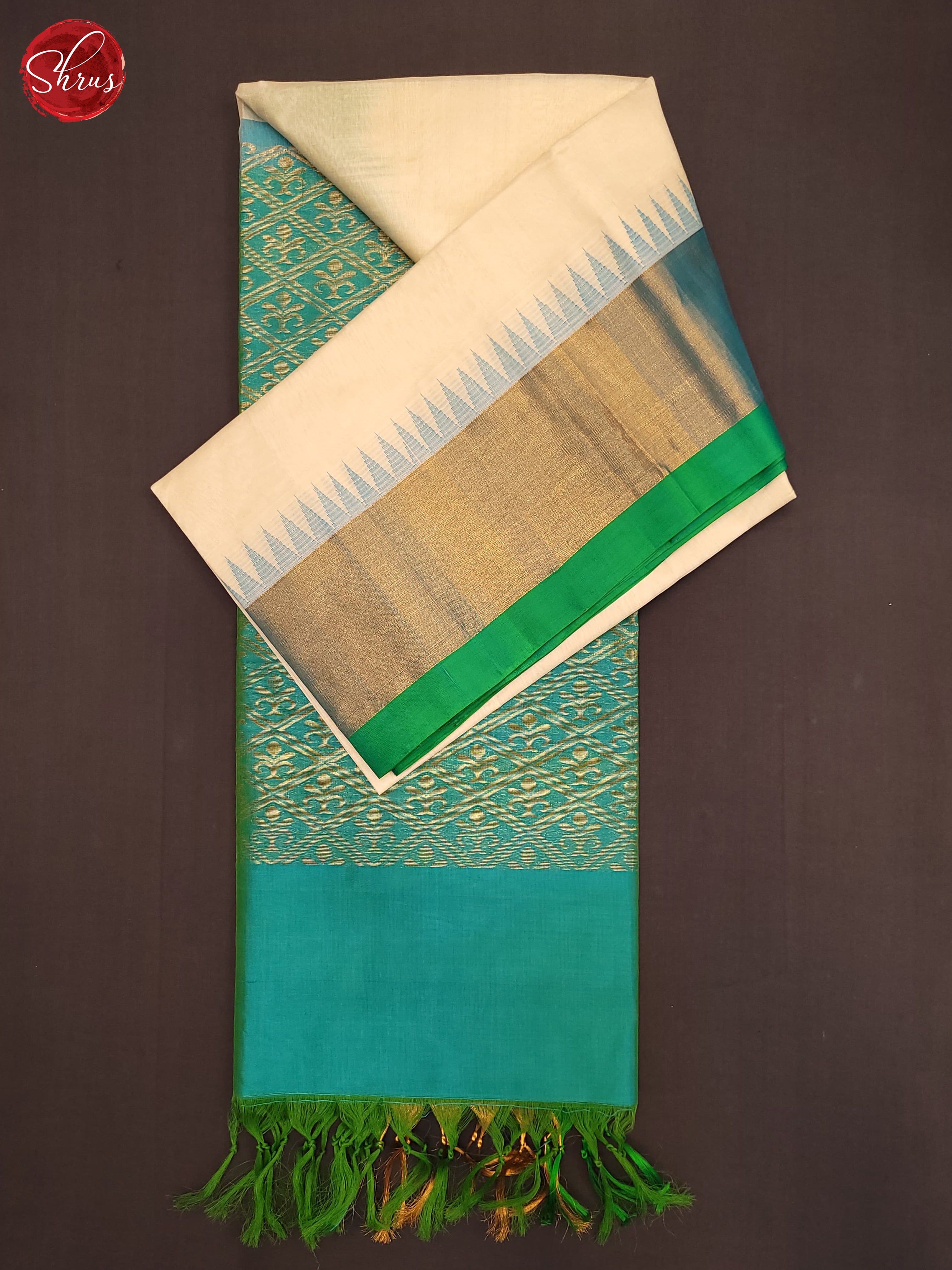 Cream & Teal - Silk Cotton Saree - Shop on ShrusEternity.com