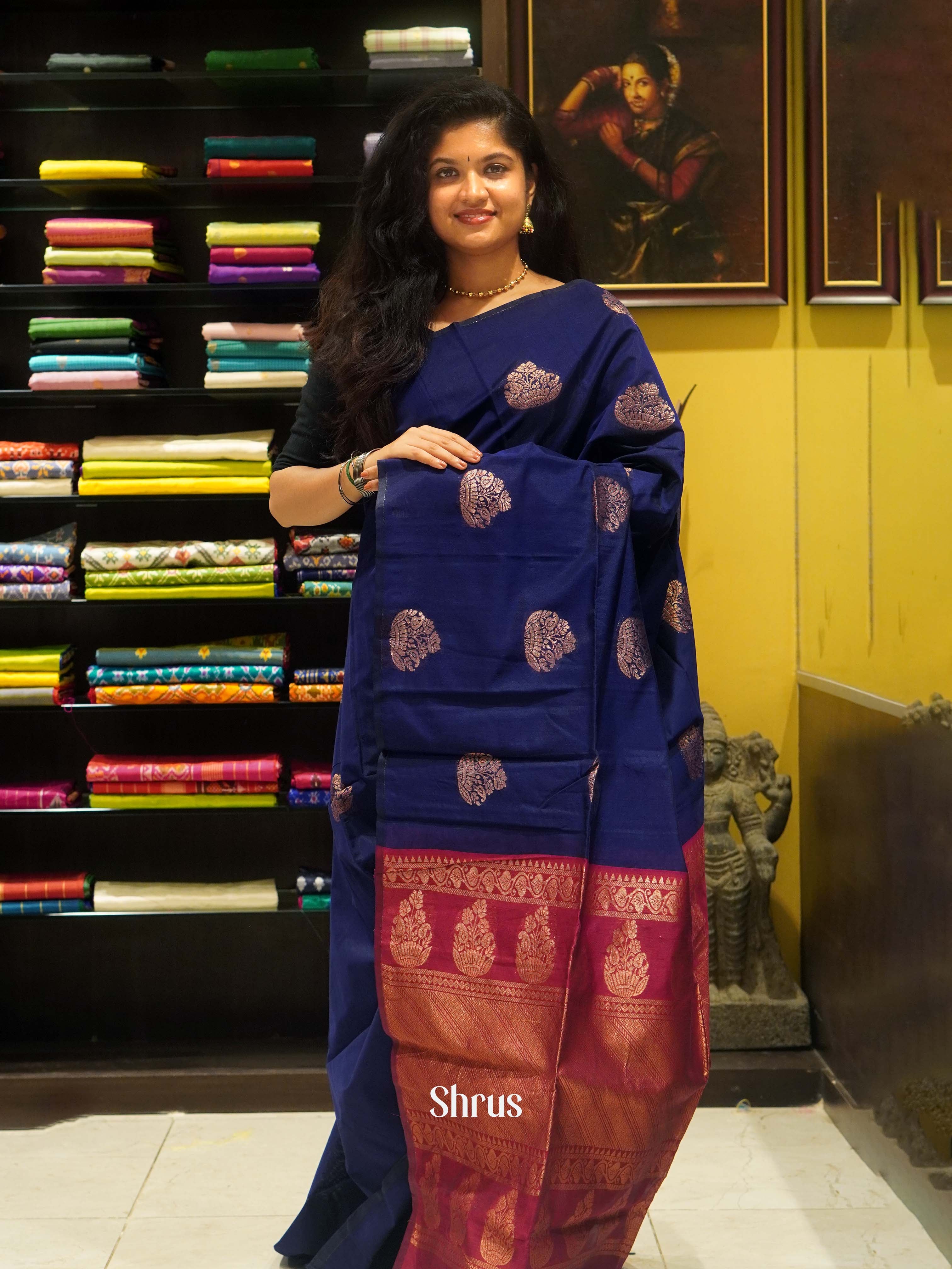 Blue & Maroon - Semi Kanchipuram Saree - Shop on ShrusEternity.com