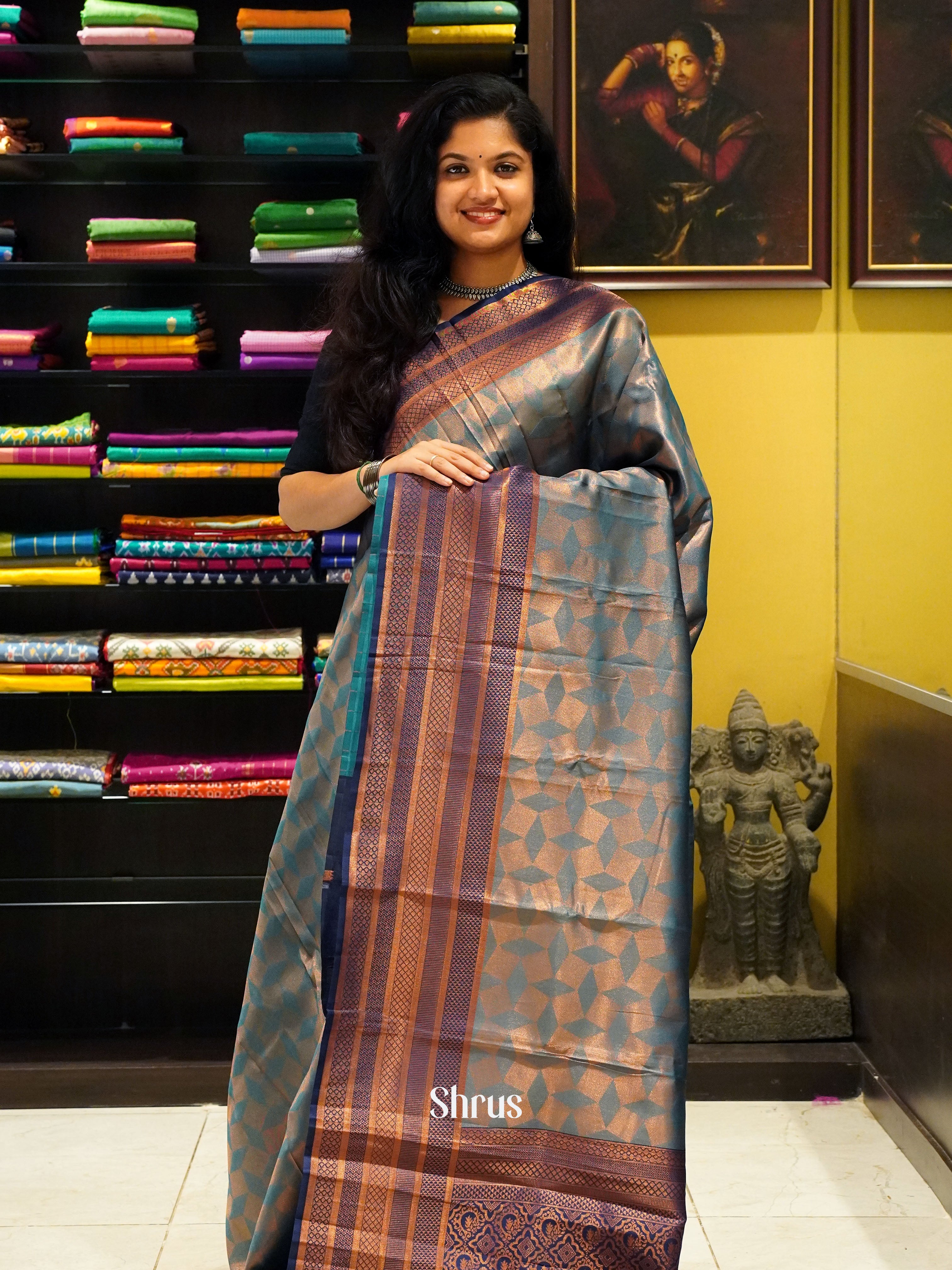 green and blue- Semi Kanchipuram Saree - Shop on ShrusEternity.com