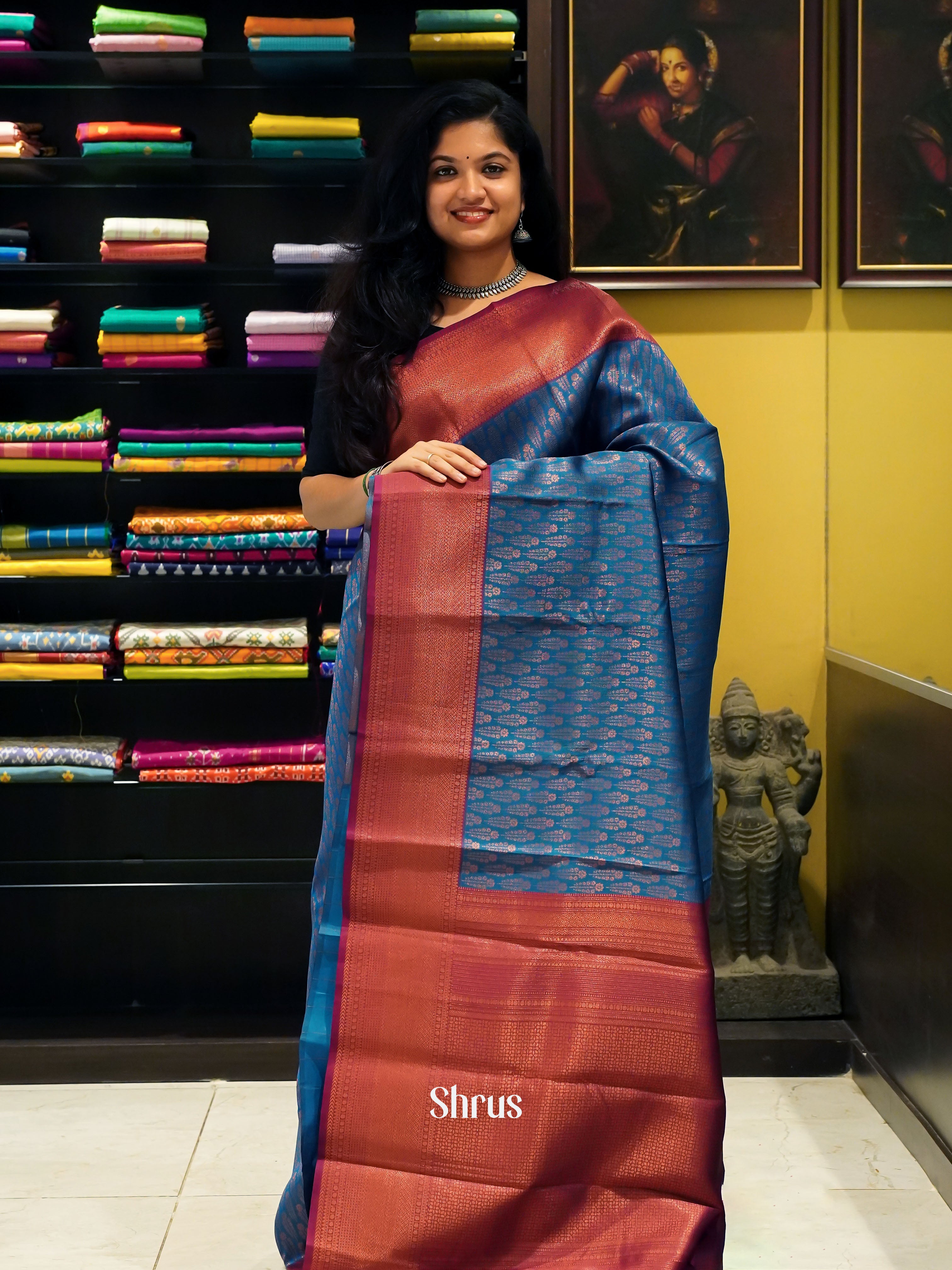 Blue & Maroon - Semi Kanchipuram Silk Saree - Shop on ShrusEternity.com