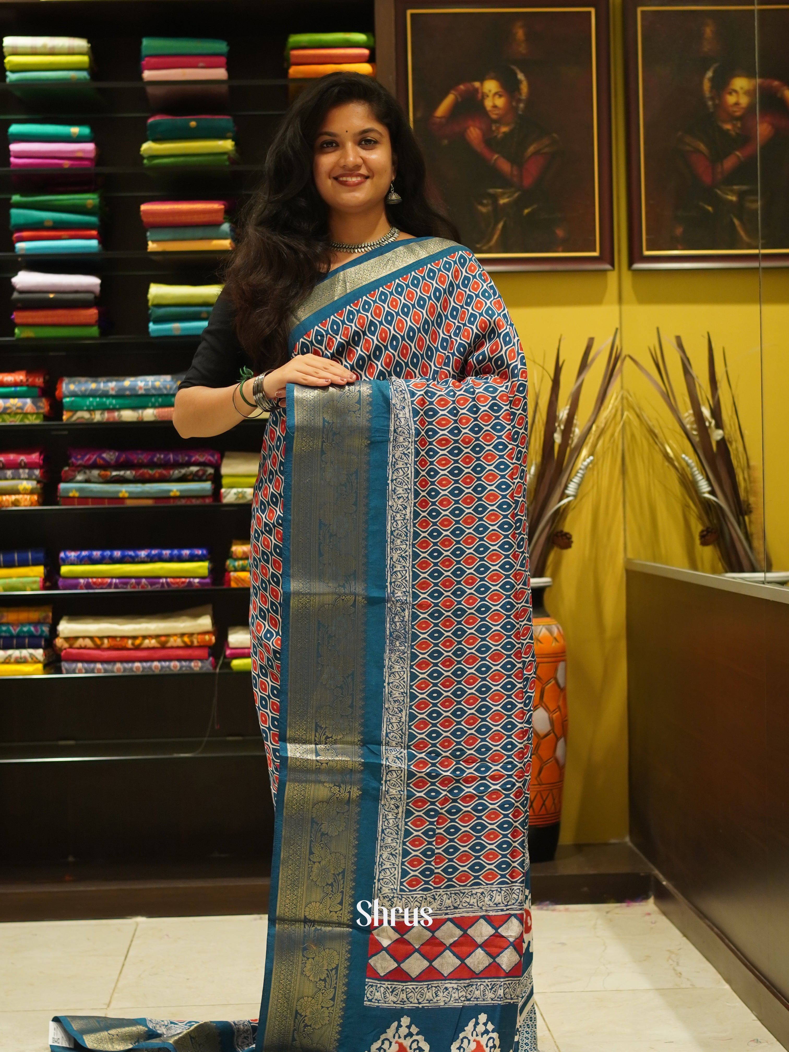 Blue & Red - Semi Crepe Saree - Shop on ShrusEternity.com