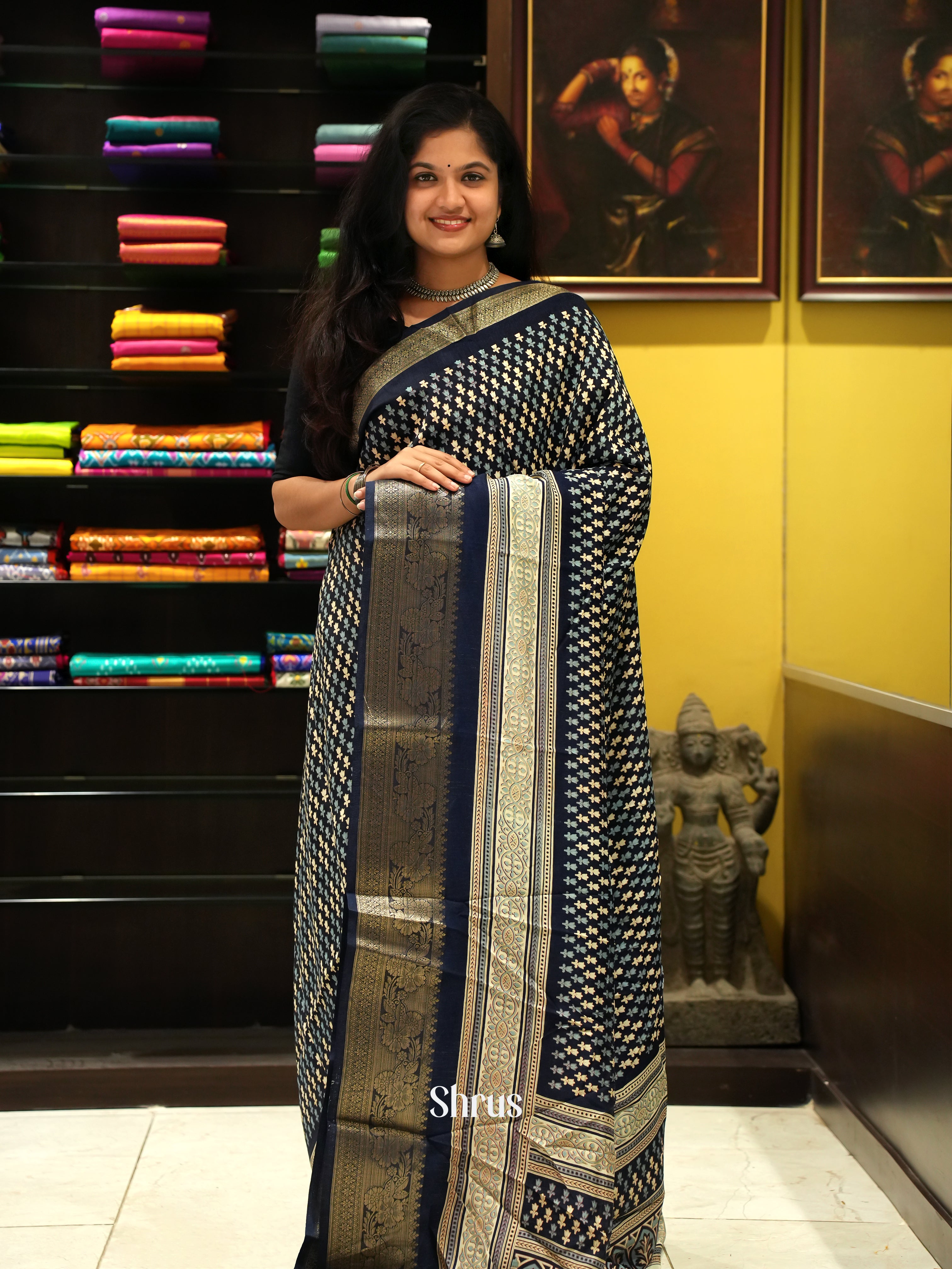 Navy Blue(Single Tone)- Semi Crepe Saree - Shop on ShrusEternity.com