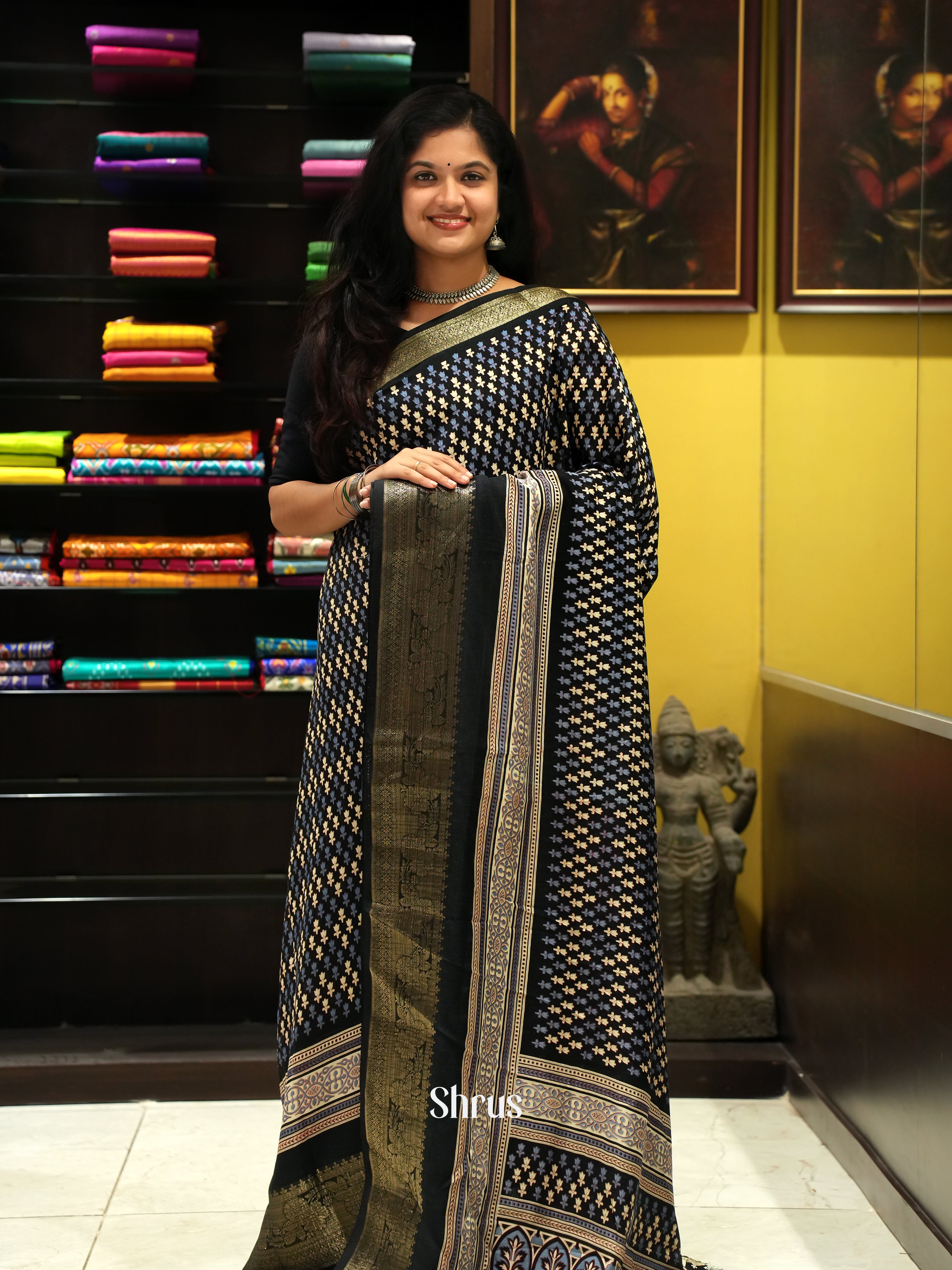 Black (Single Tone) - Semi Crepe Saree - Shop on ShrusEternity.com