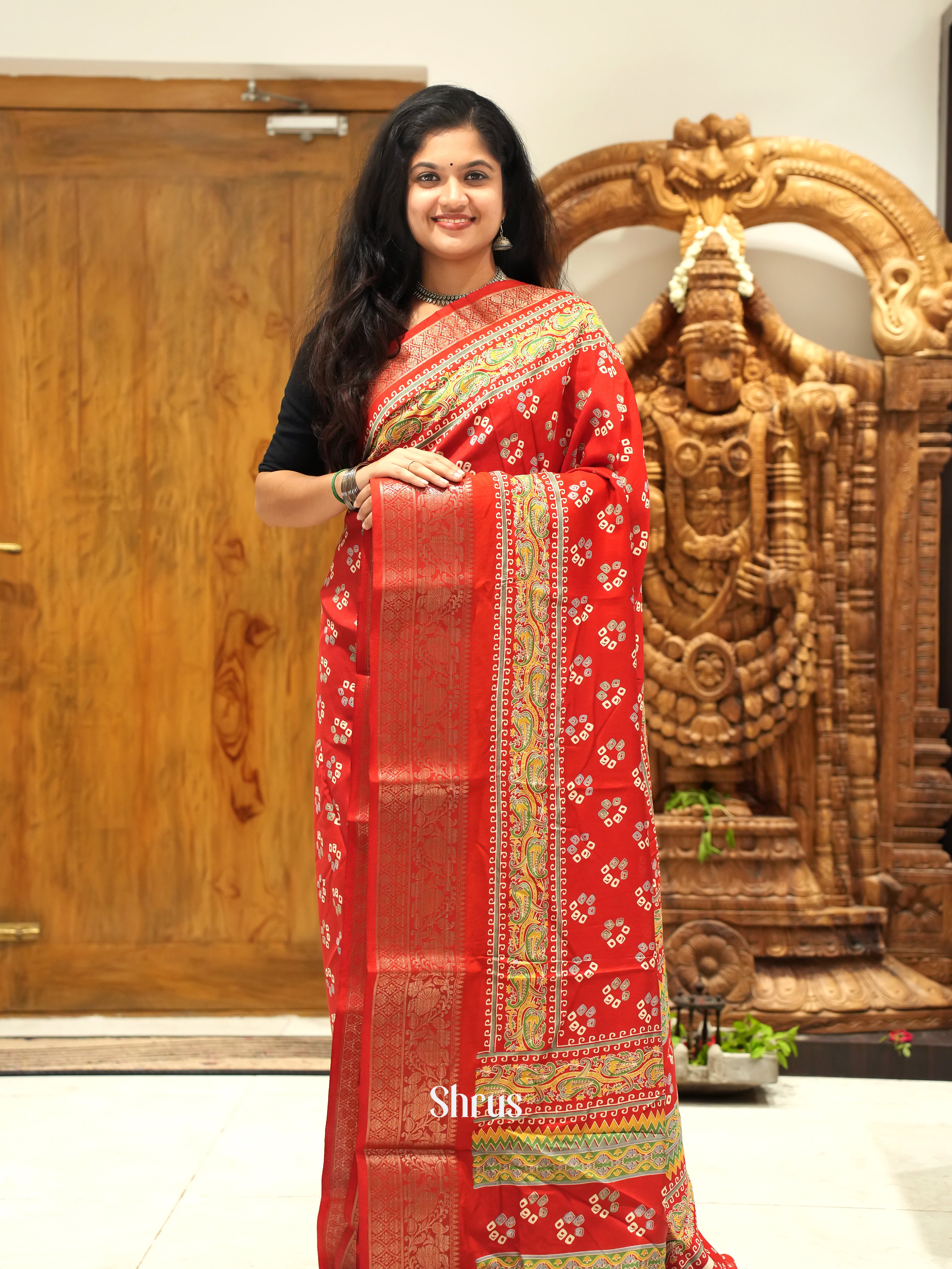 red(Single Tone)- Semi Crepe Saree - Shop on ShrusEternity.com