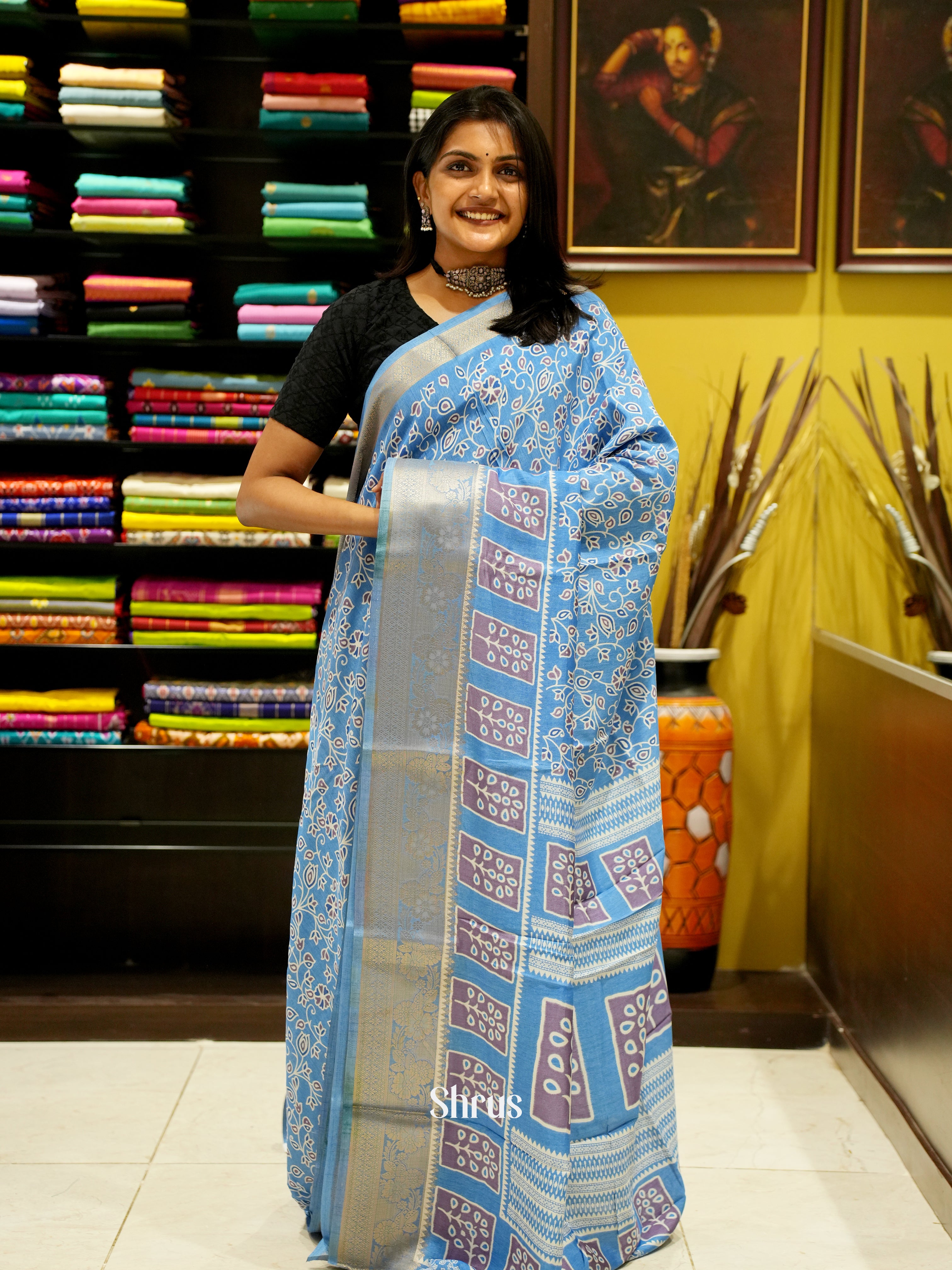 Blue(single tone) - Semi Crepe Saree - Shop on ShrusEternity.com
