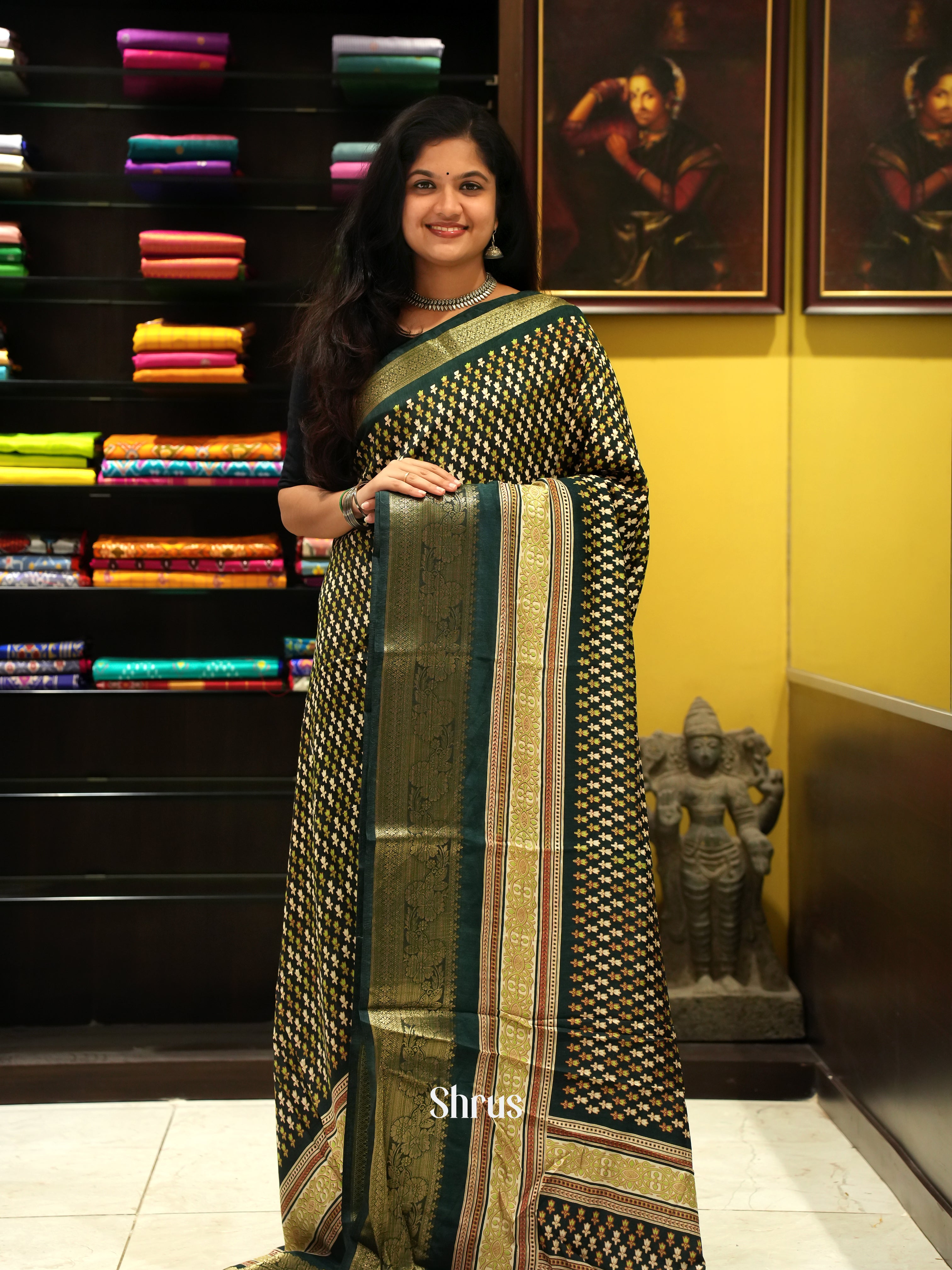 Bottle Green(Single Tone)- Semi Crepe Saree - Shop on ShrusEternity.com