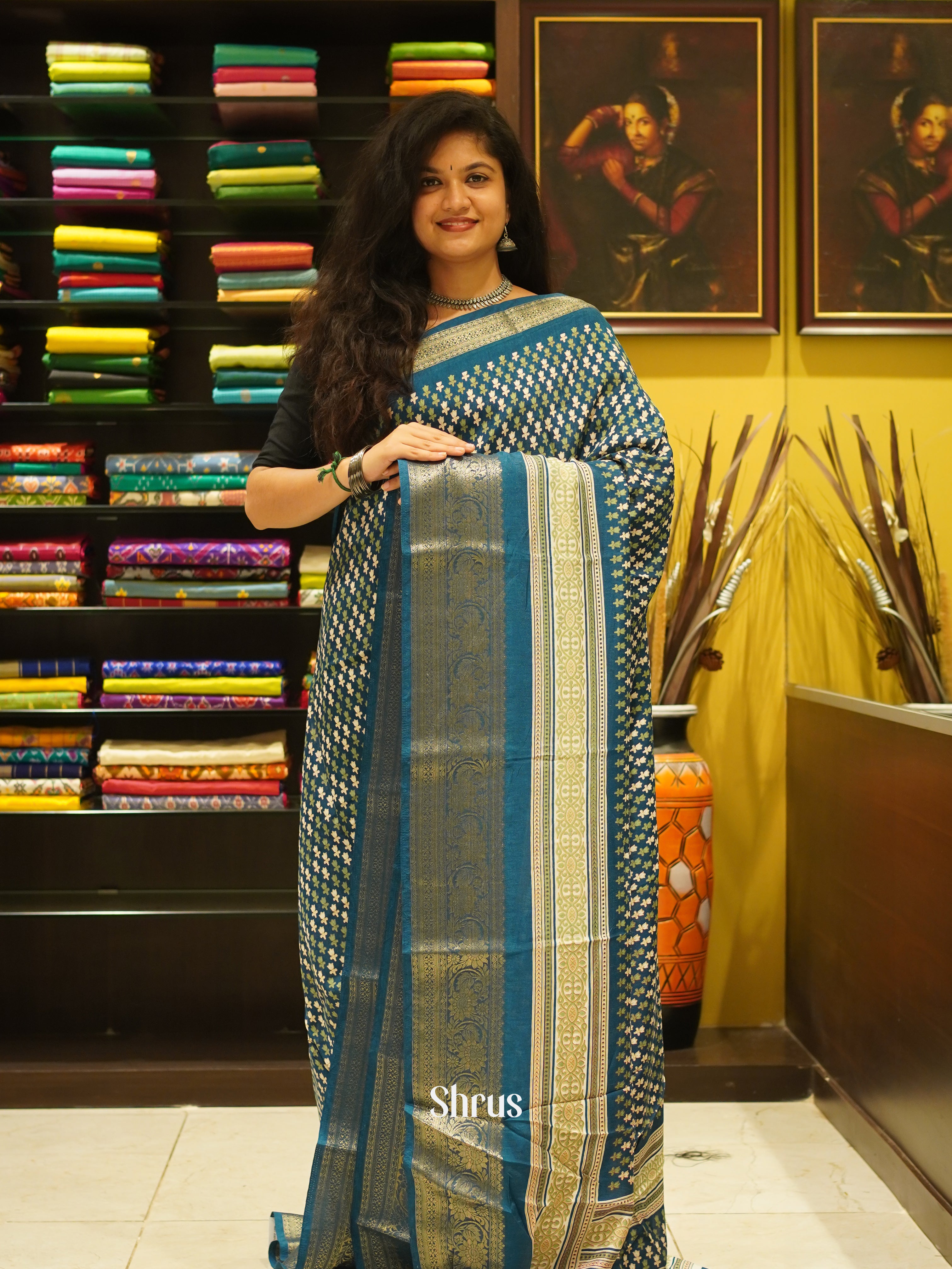 Peacock Blue(Single Tone)- Semi crepe Saree - Shop on ShrusEternity.com