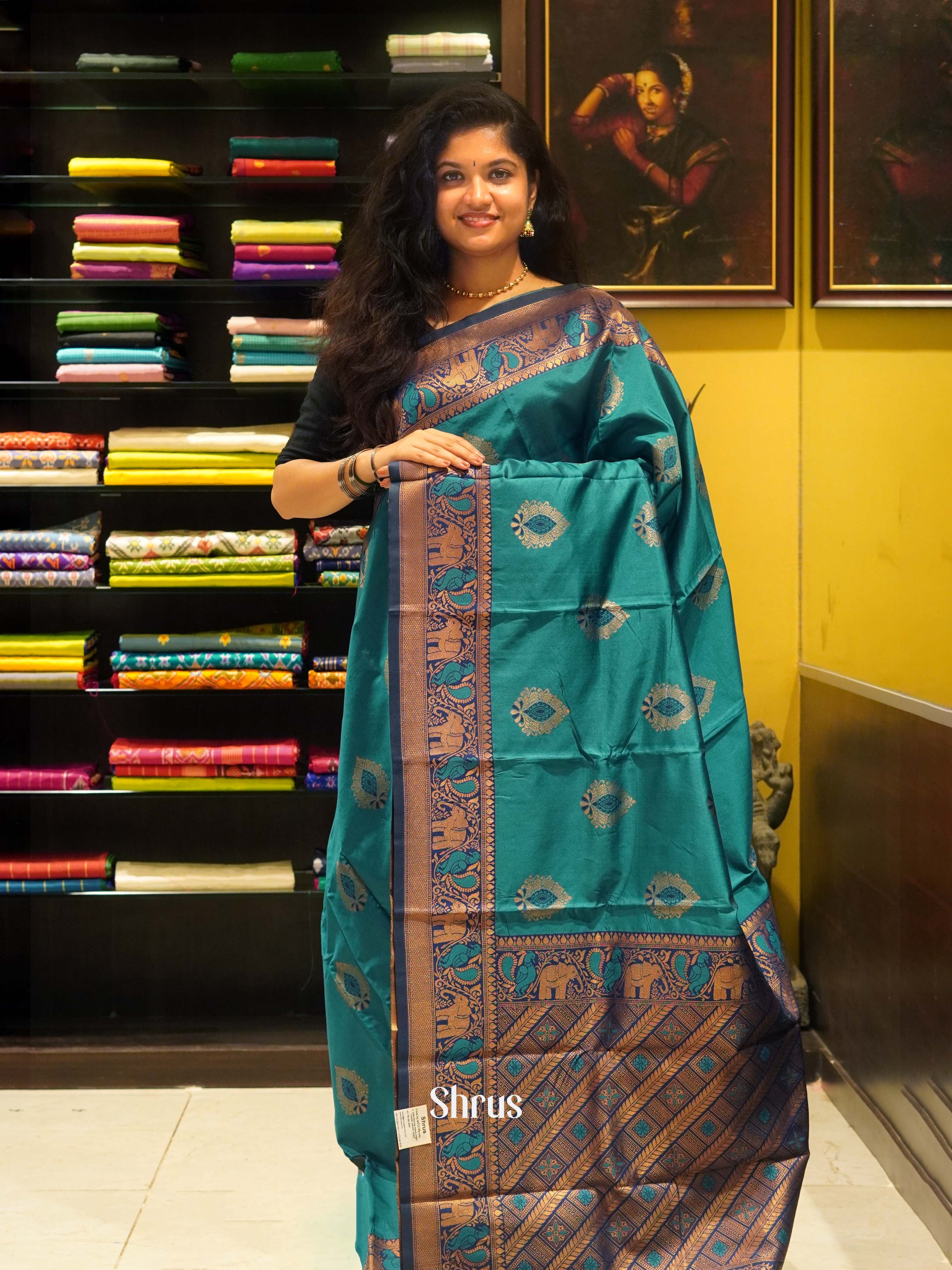 Peacock Neck & Blue - Semi Softsilk Saree - Shop on ShrusEternity.com
