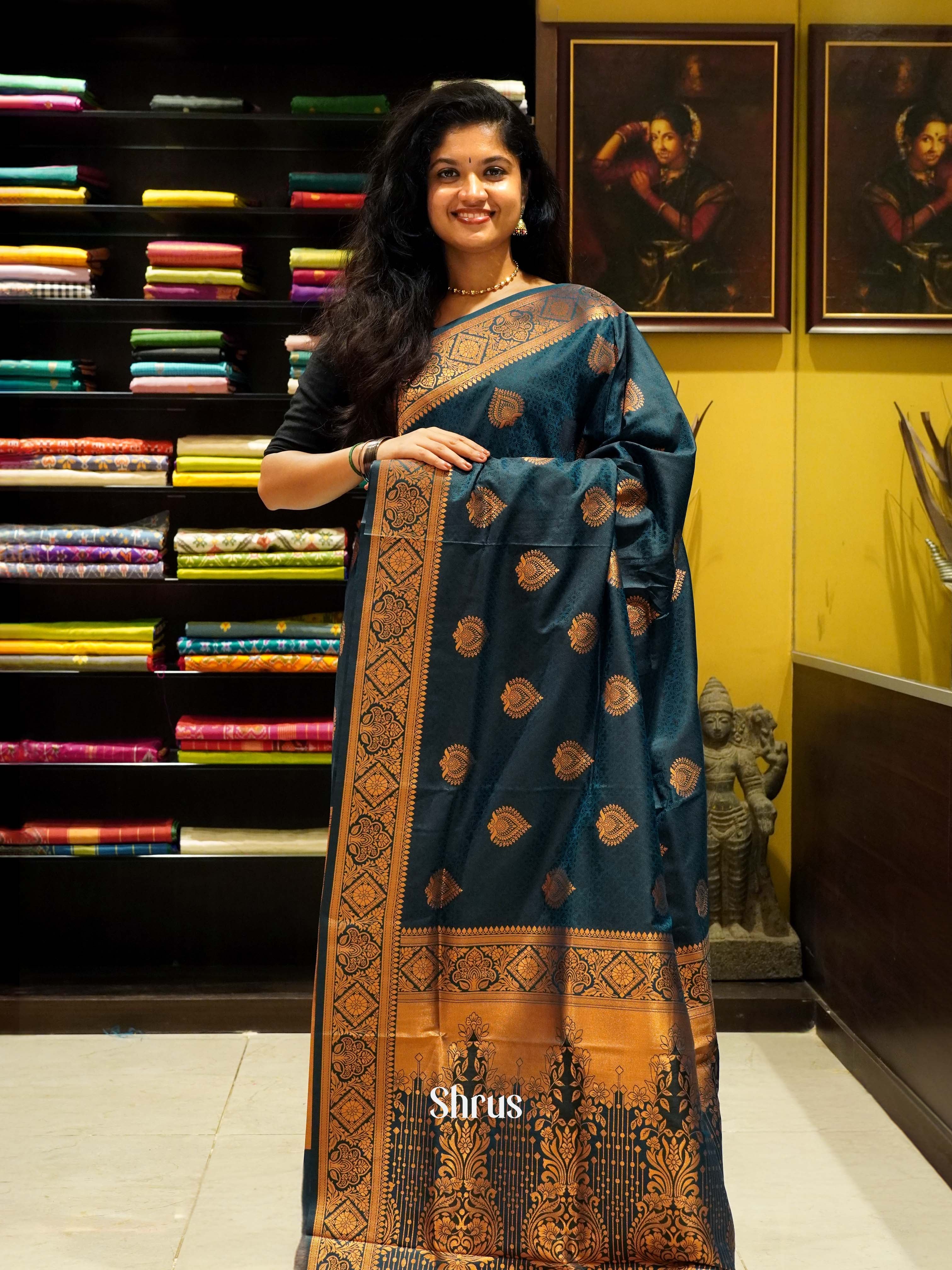 Blue(single tone)-Semi kanchipuram Saree - Shop on ShrusEternity.com