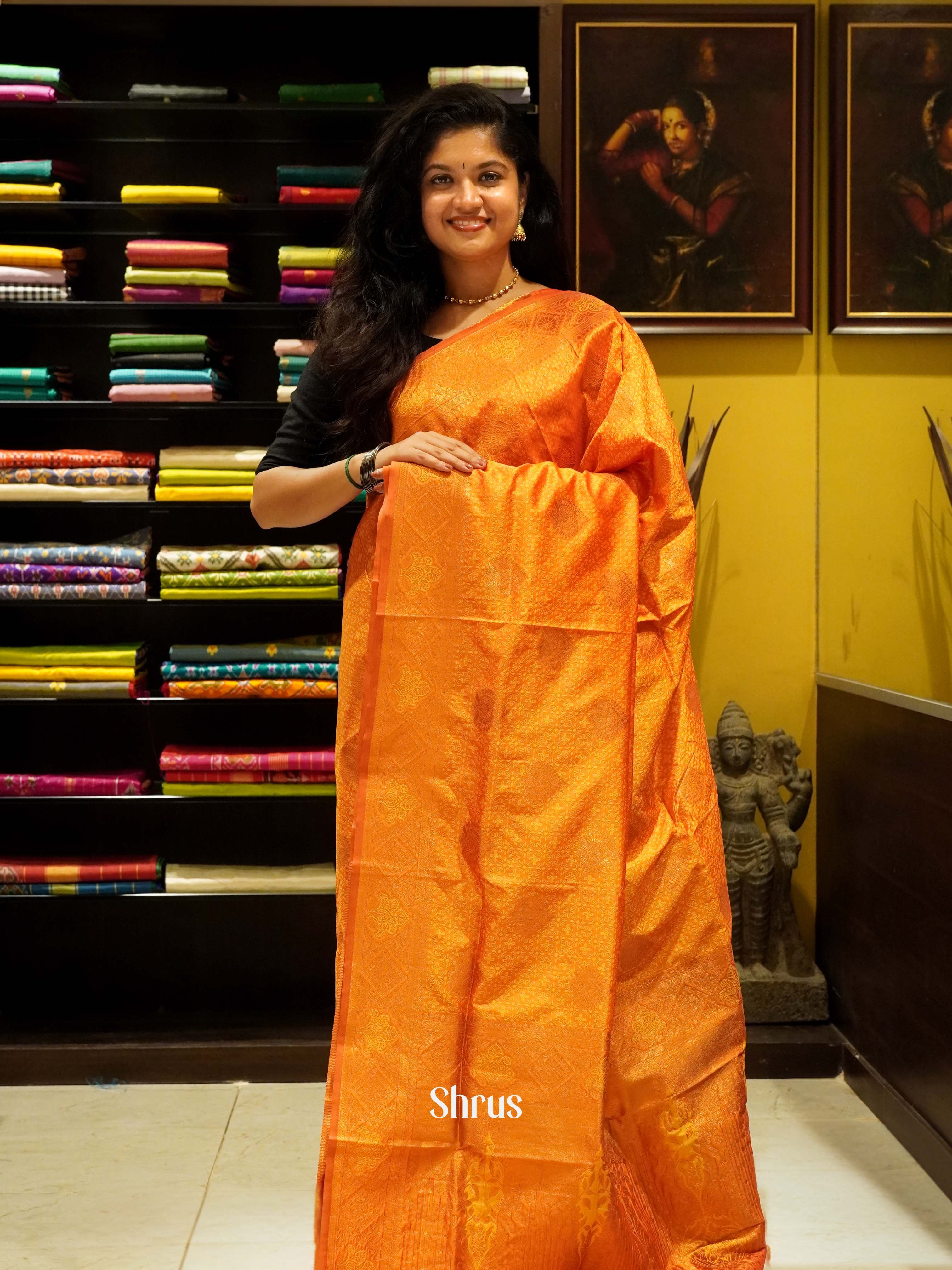 Orange(single tone)-Semi kanchipuram saree - Shop on ShrusEternity.com