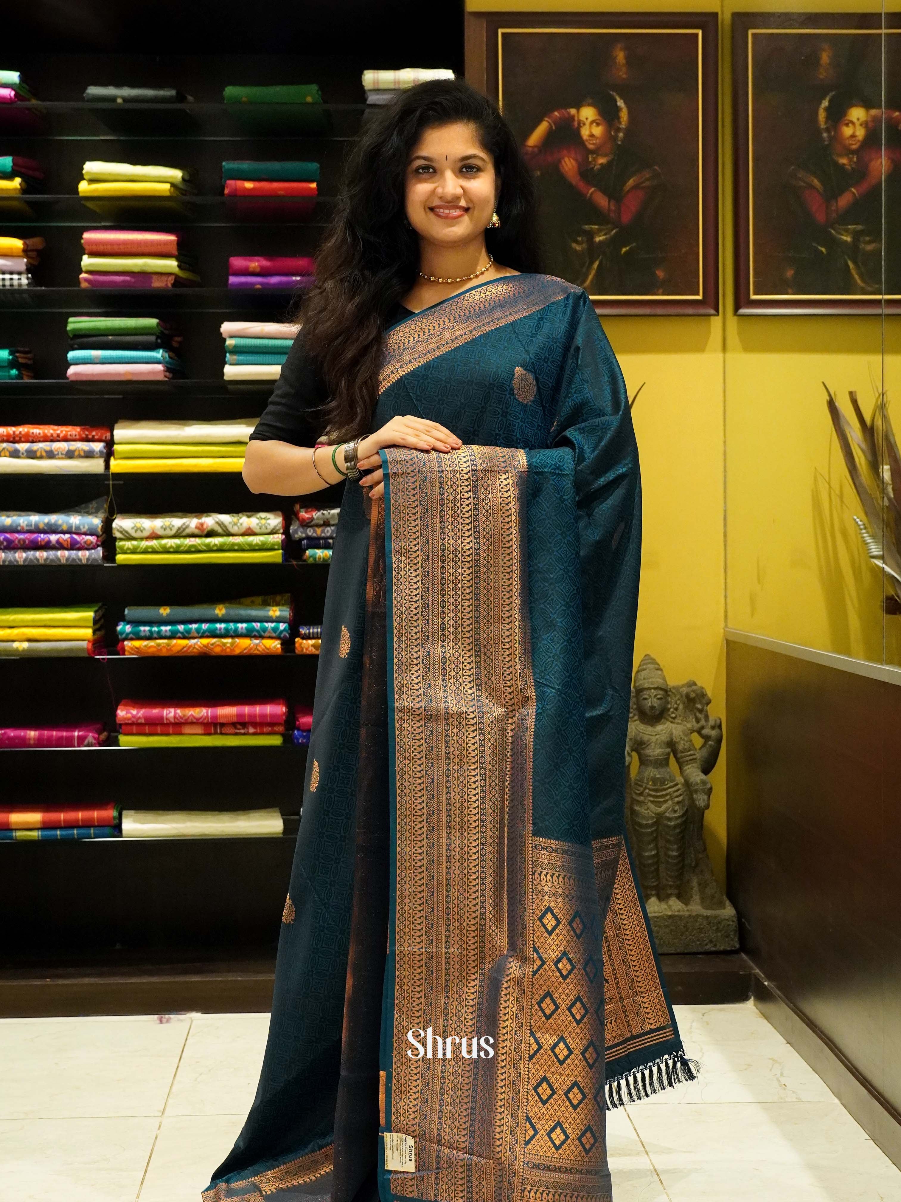 Blue(single Tone)-Semi Kanchipuram Saree - Shop on ShrusEternity.com