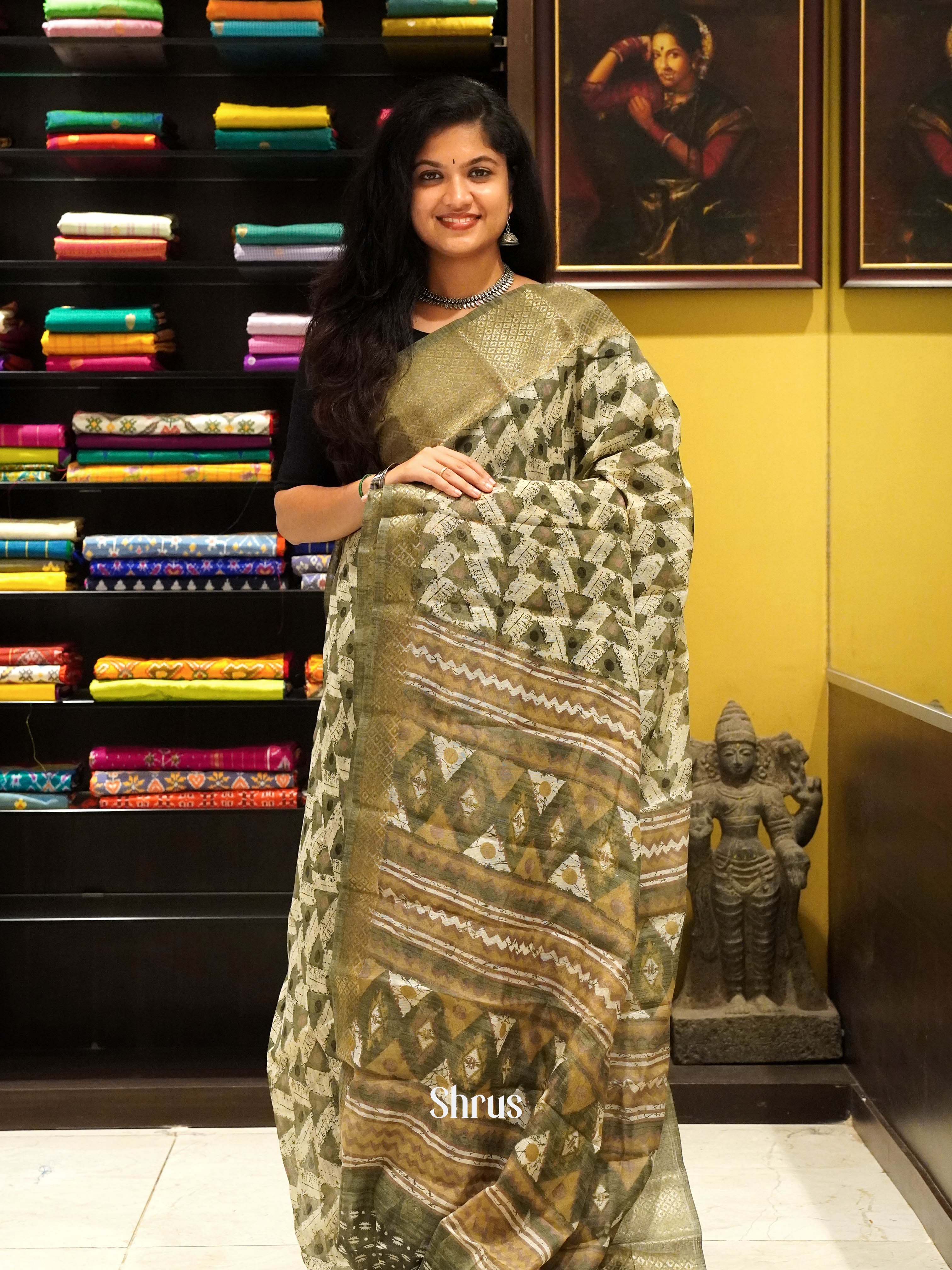 Cream And Green-Semi Gicha Saree - Shop on ShrusEternity.com