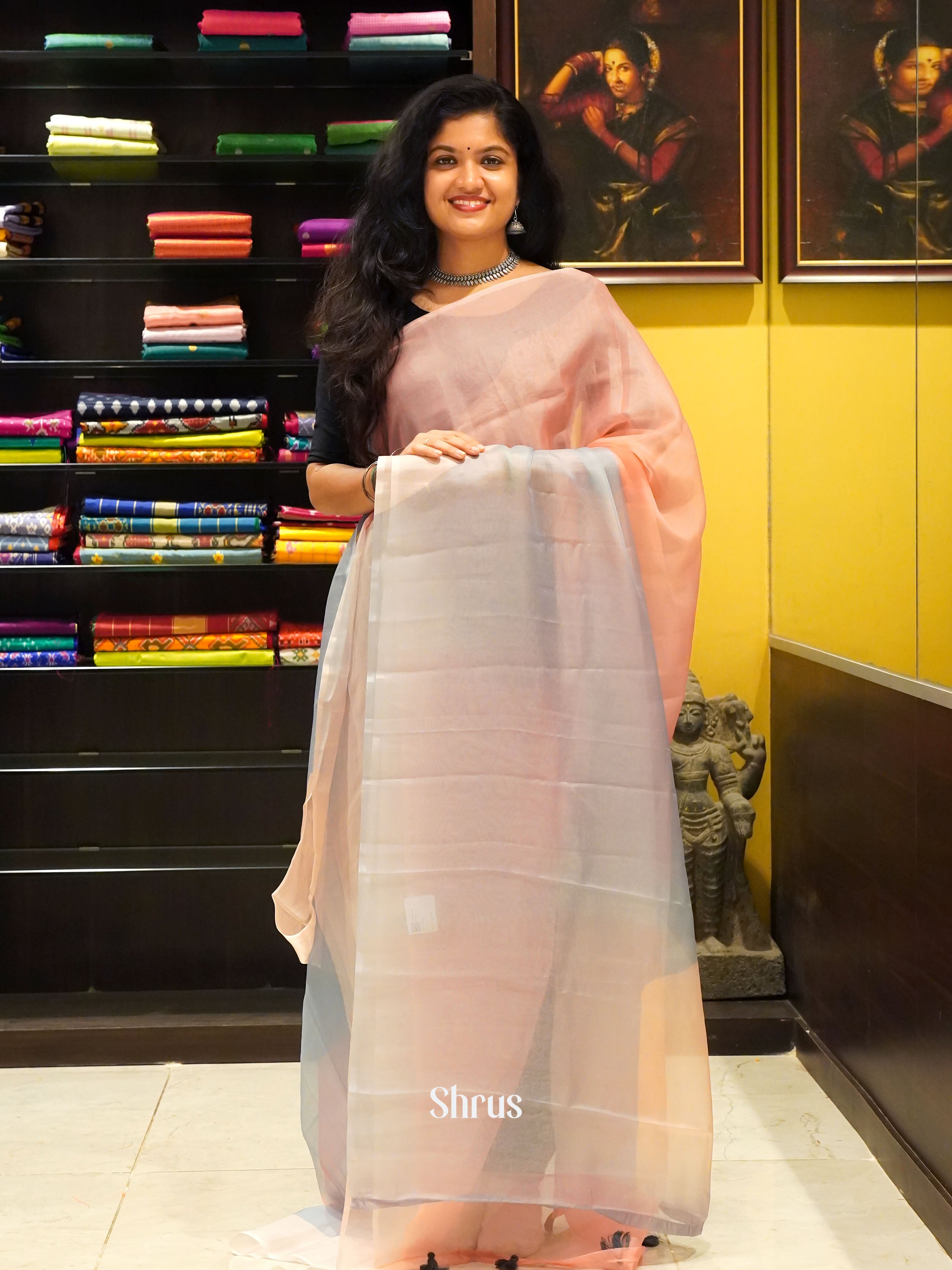 Peaches Pink And Grey - Semi Organza Saree - Shop on ShrusEternity.com