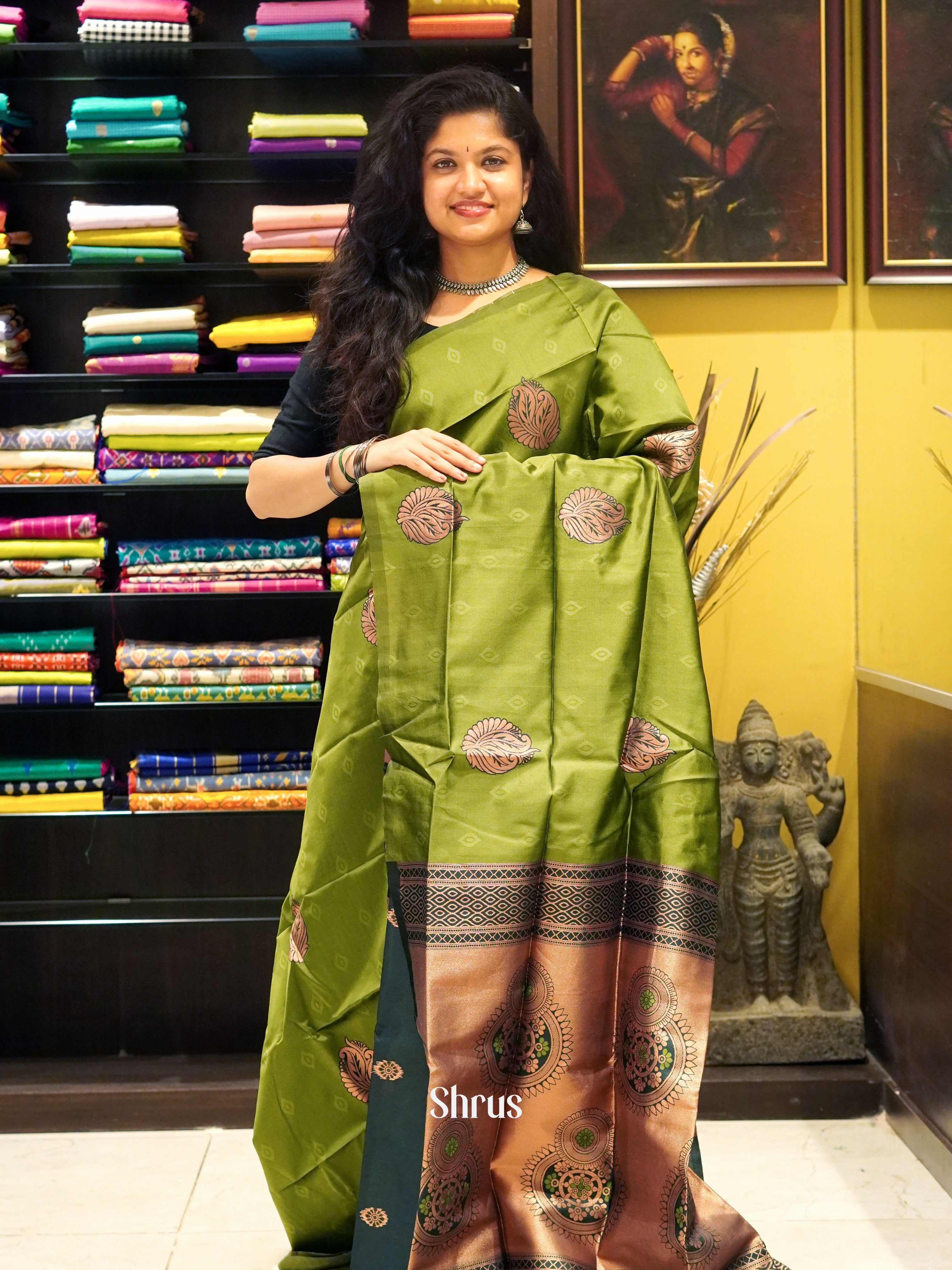 Green and dark green-semi soft silk saree - Shop on ShrusEternity.com