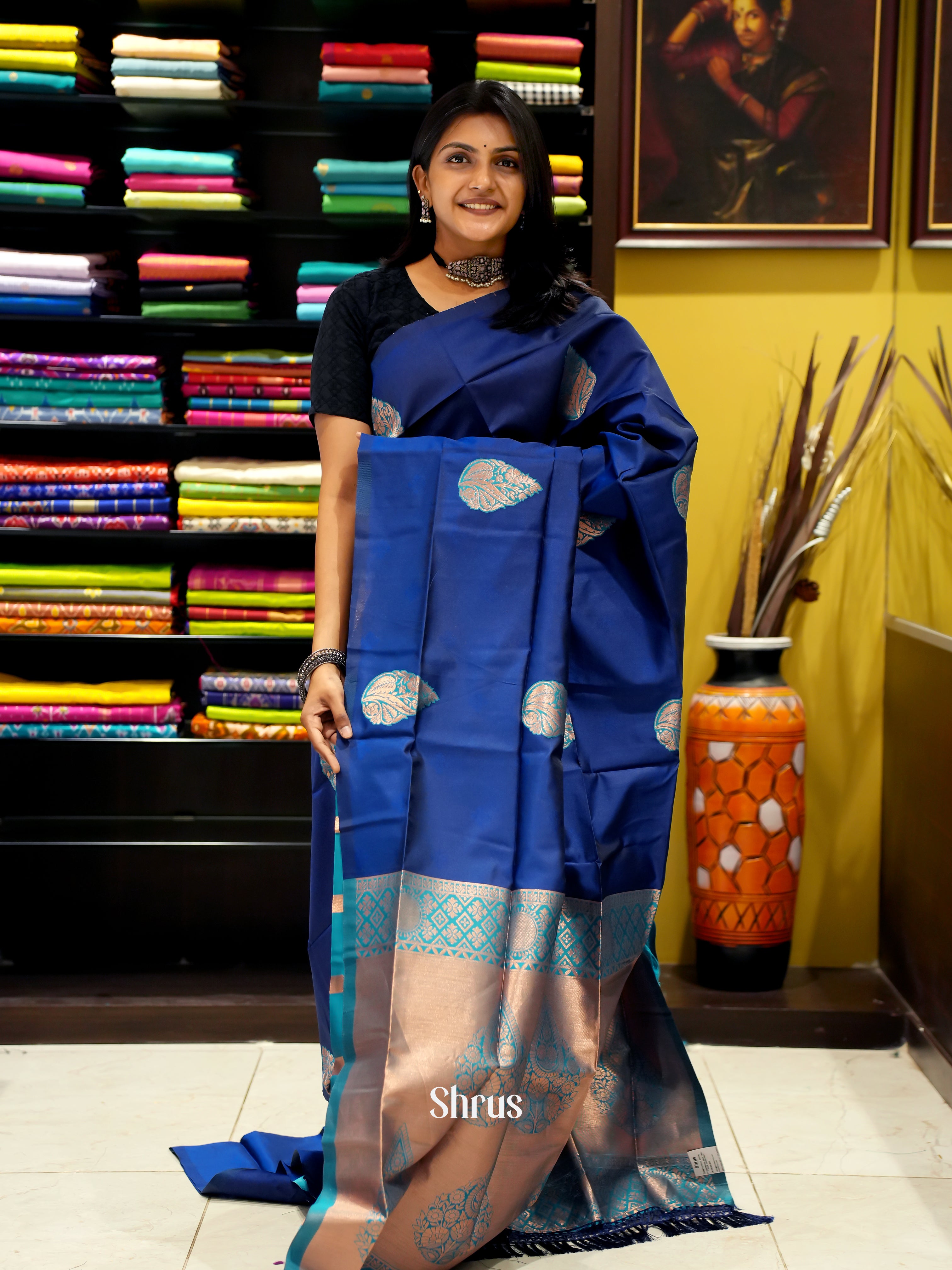 Navy Blue & Green- Semi Soft Silk Saree - Shop on ShrusEternity.com