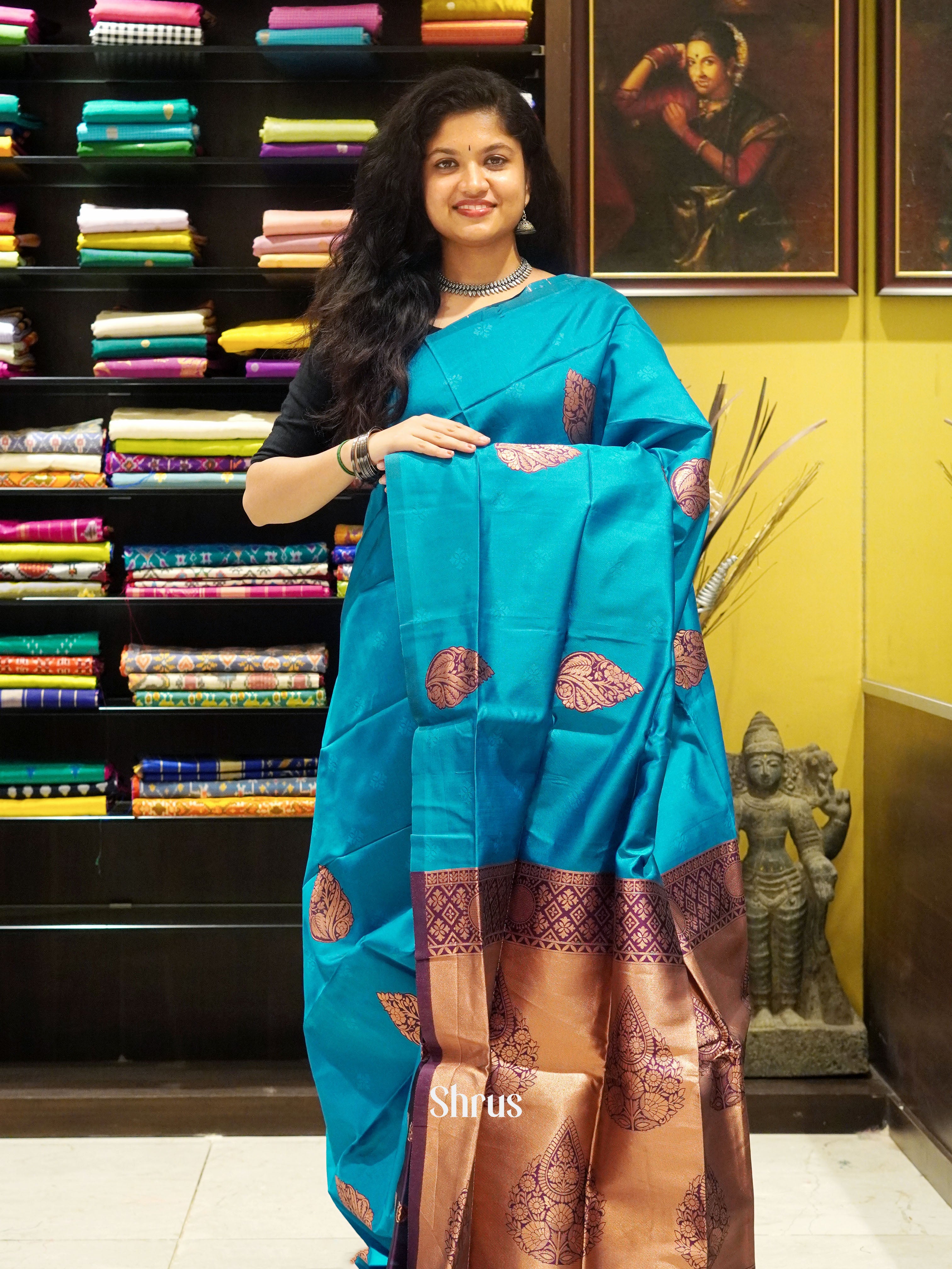 Blue & Wine- Semi Soft Silk Saree - Shop on ShrusEternity.com