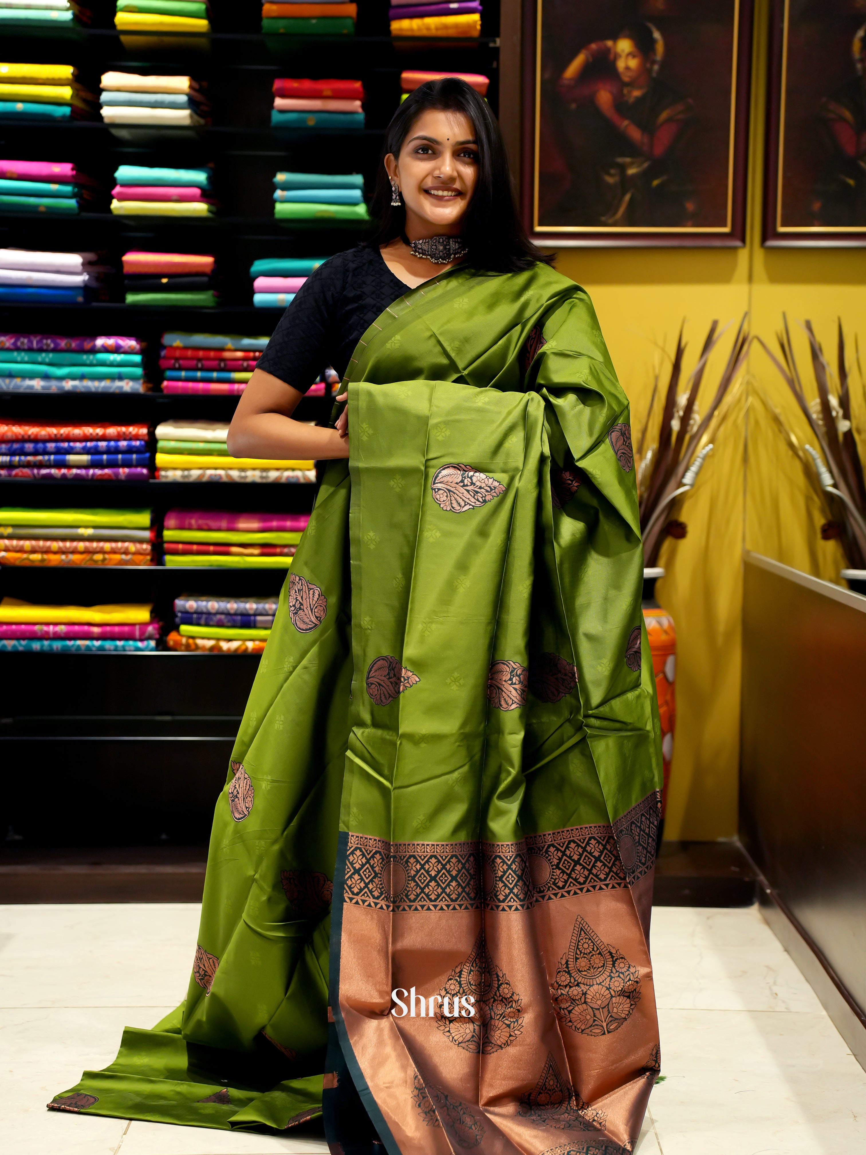 Mehandi Green & Green - Semi Soft Silk Saree - Shop on ShrusEternity.com