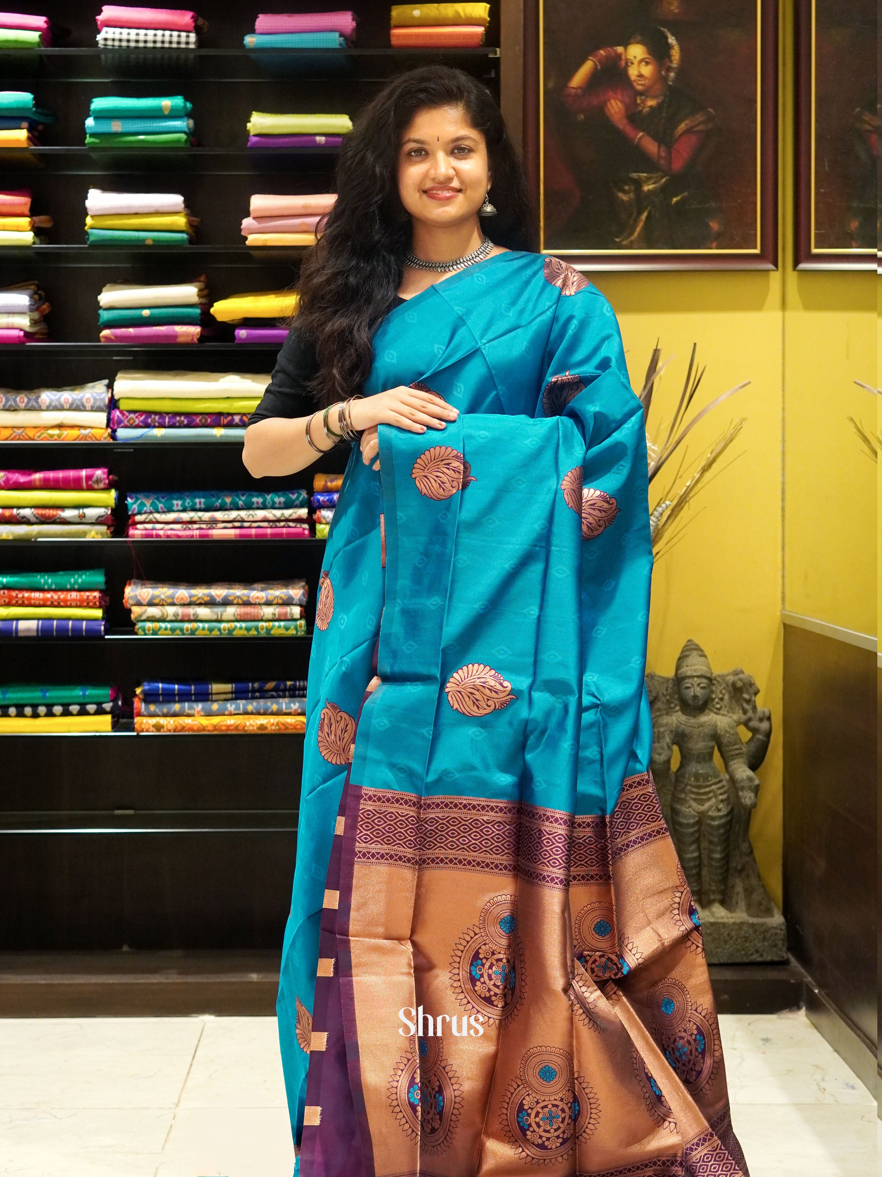 Peacock Blue & Wine - Semi Soft Silk Saree - Shop on ShrusEternity.com