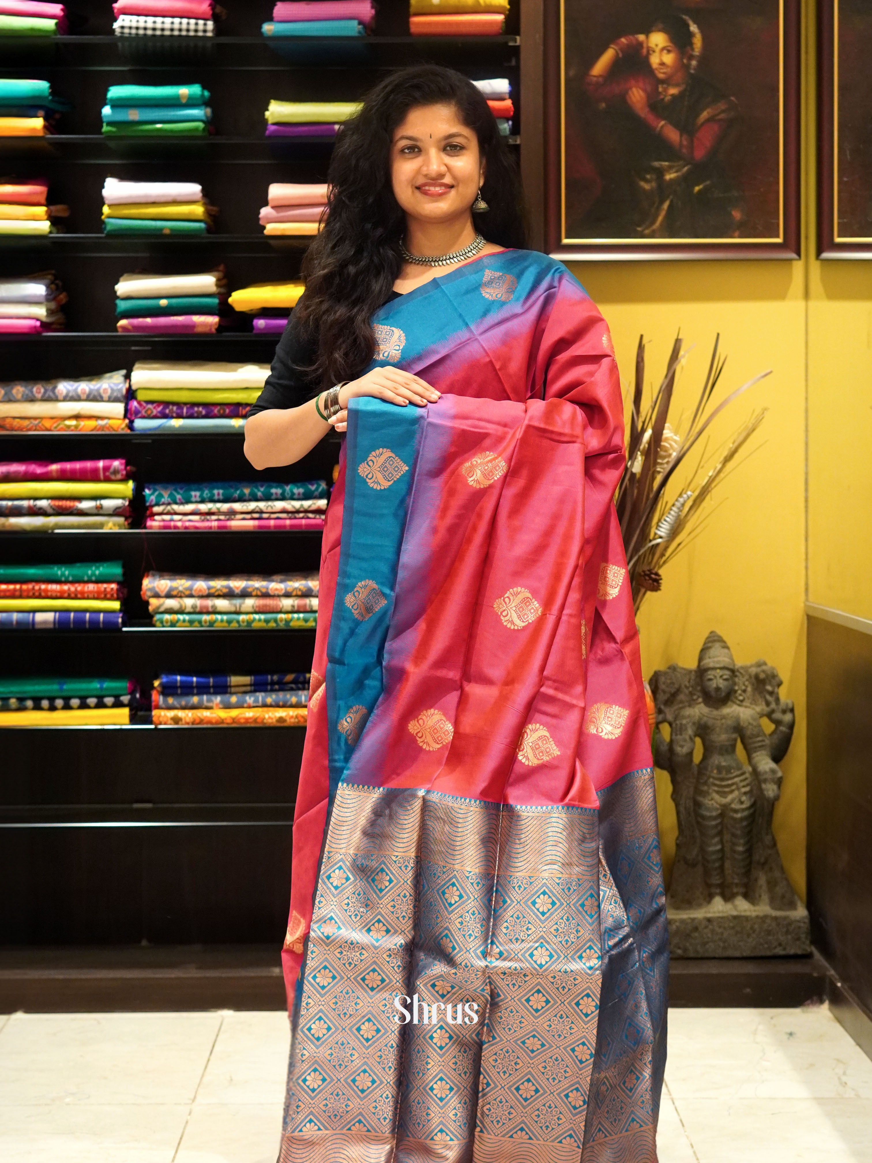 Pink and blue-Semi Soft Silk Saree - Shop on ShrusEternity.com