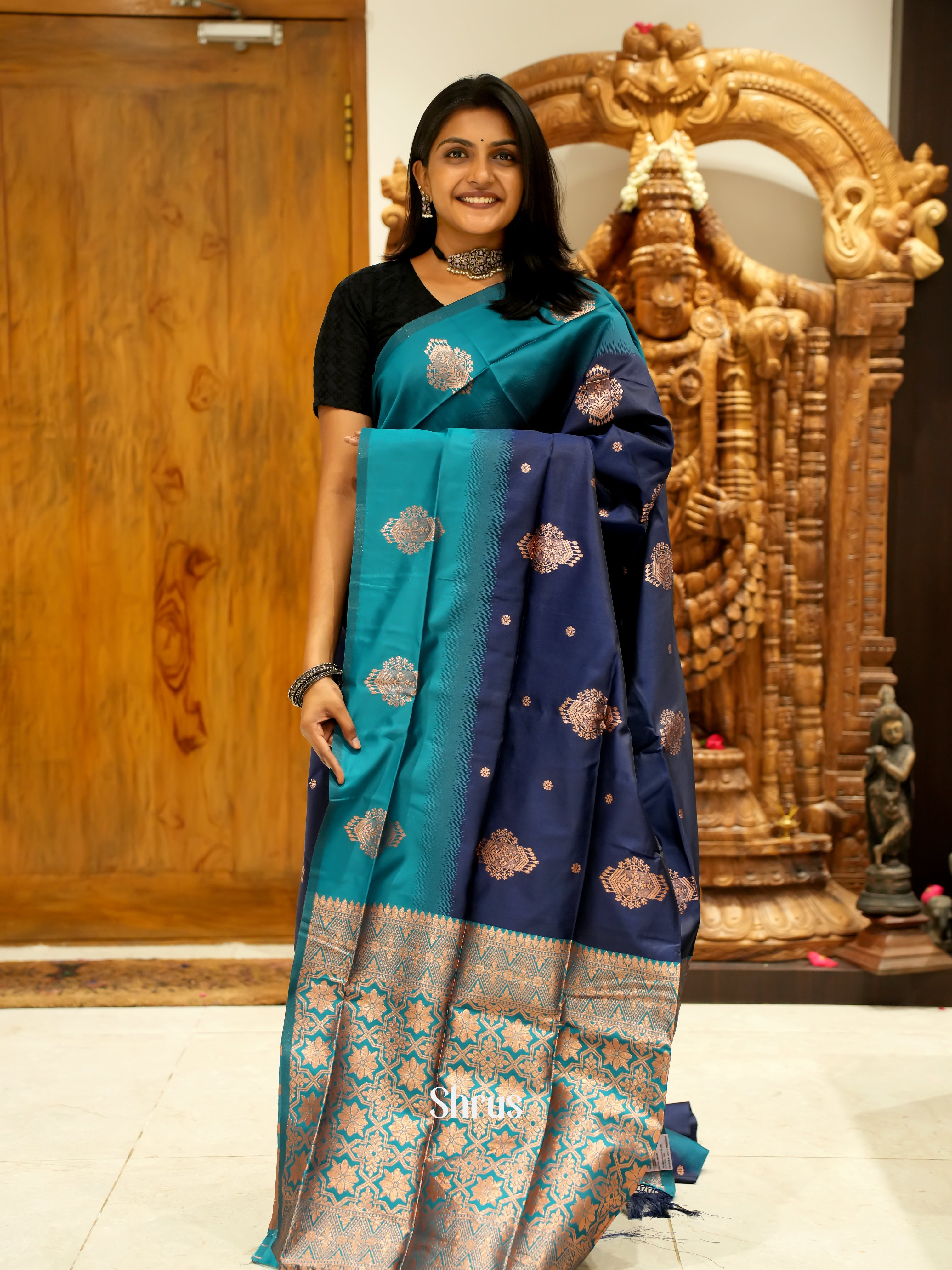 Navy Blue & Blue - Semi Soft Silk Saree - Shop on ShrusEternity.com