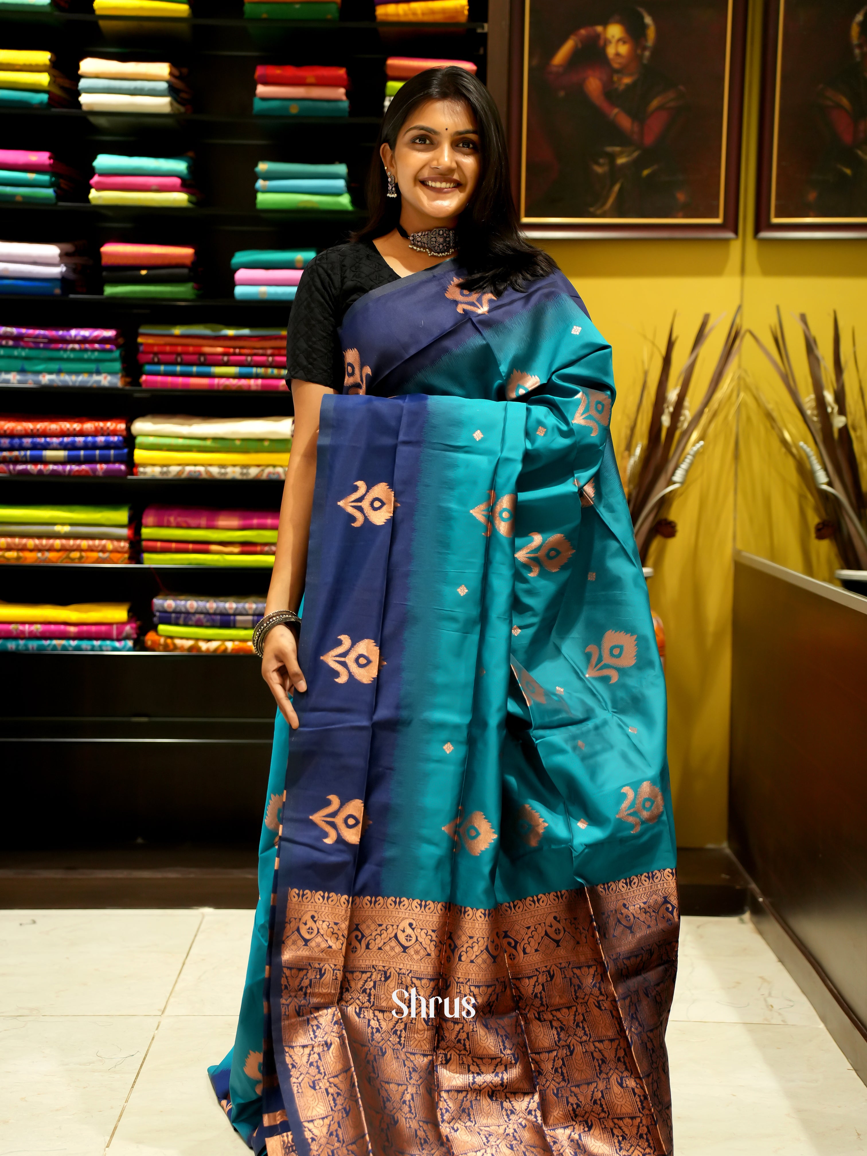 green and blue- Semi Soft Silk Saree - Shop on ShrusEternity.com