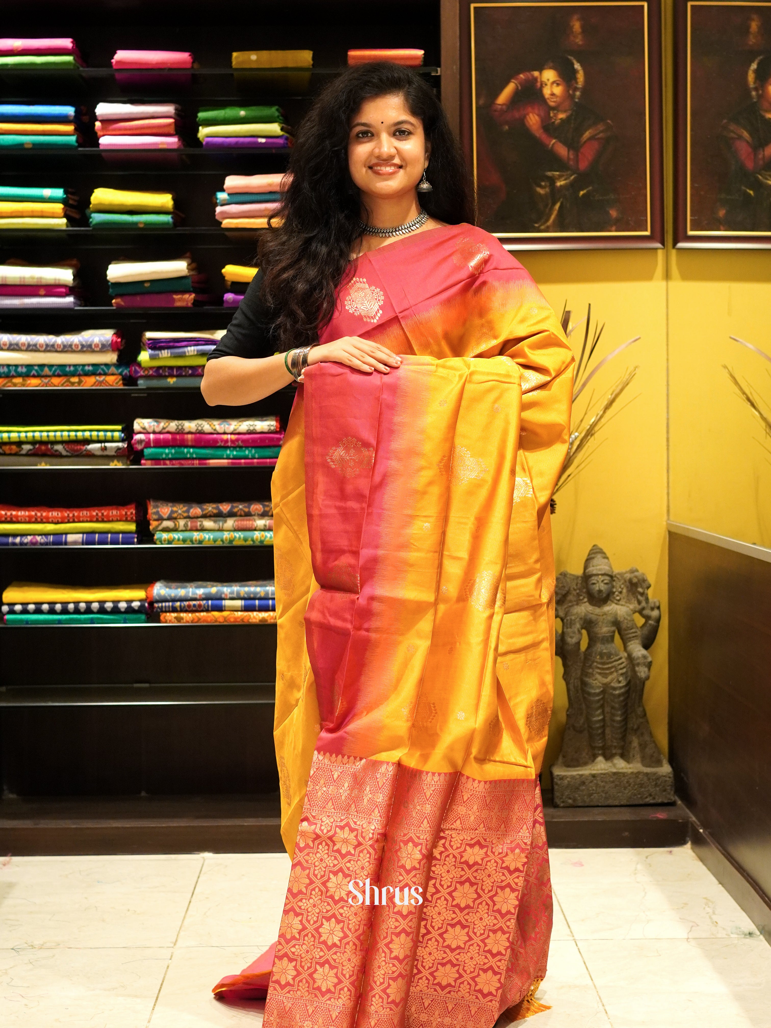 mustard and Pink- Semi Soft Silk Saree - Shop on ShrusEternity.com