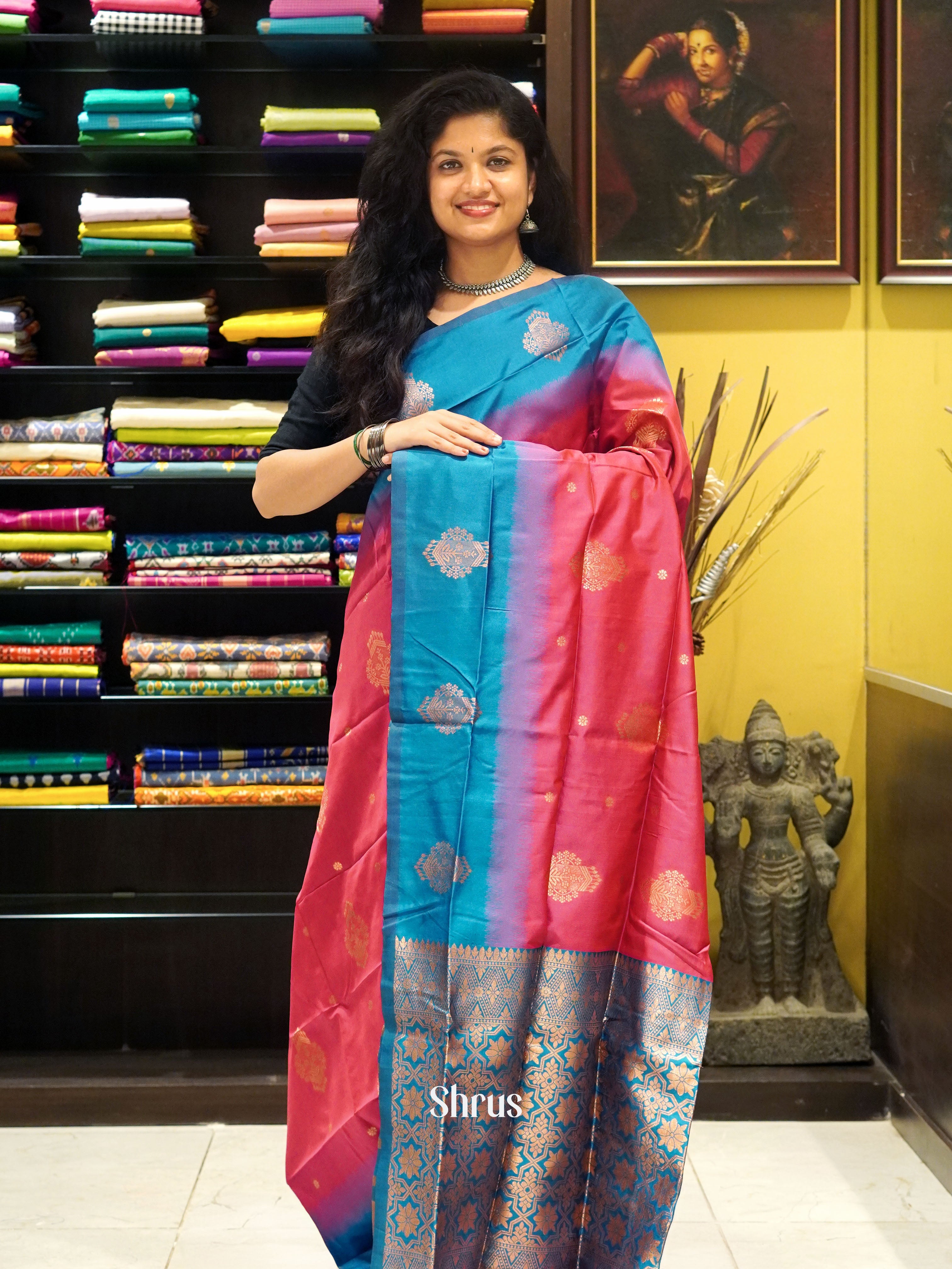 Pink and blue- Semi Soft Silk saree - Shop on ShrusEternity.com