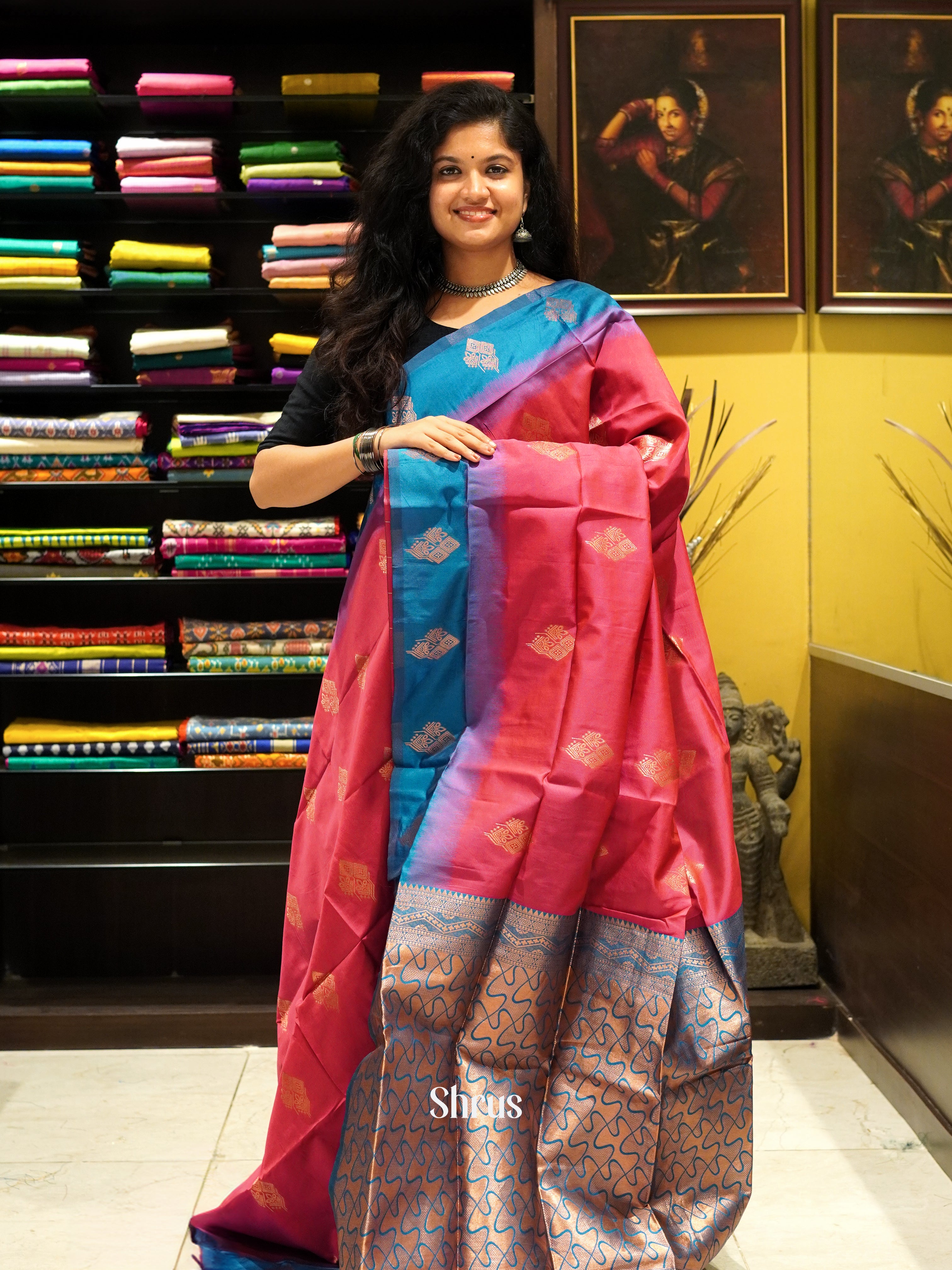 Pink and blue- Semi Soft Silk Saree - Shop on ShrusEternity.com