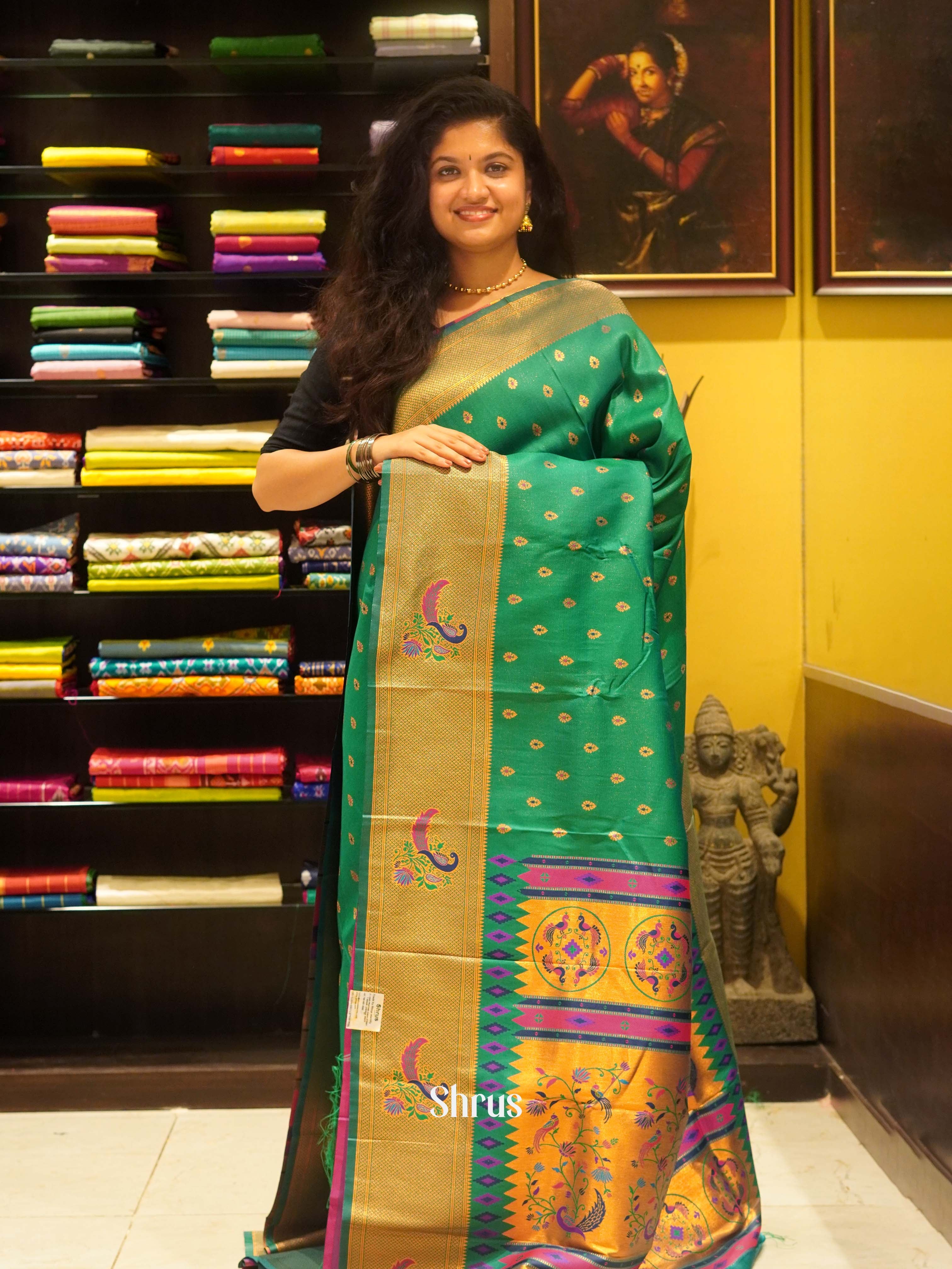 Green & Pink -Semi Paithani Saree - Shop on ShrusEternity.com