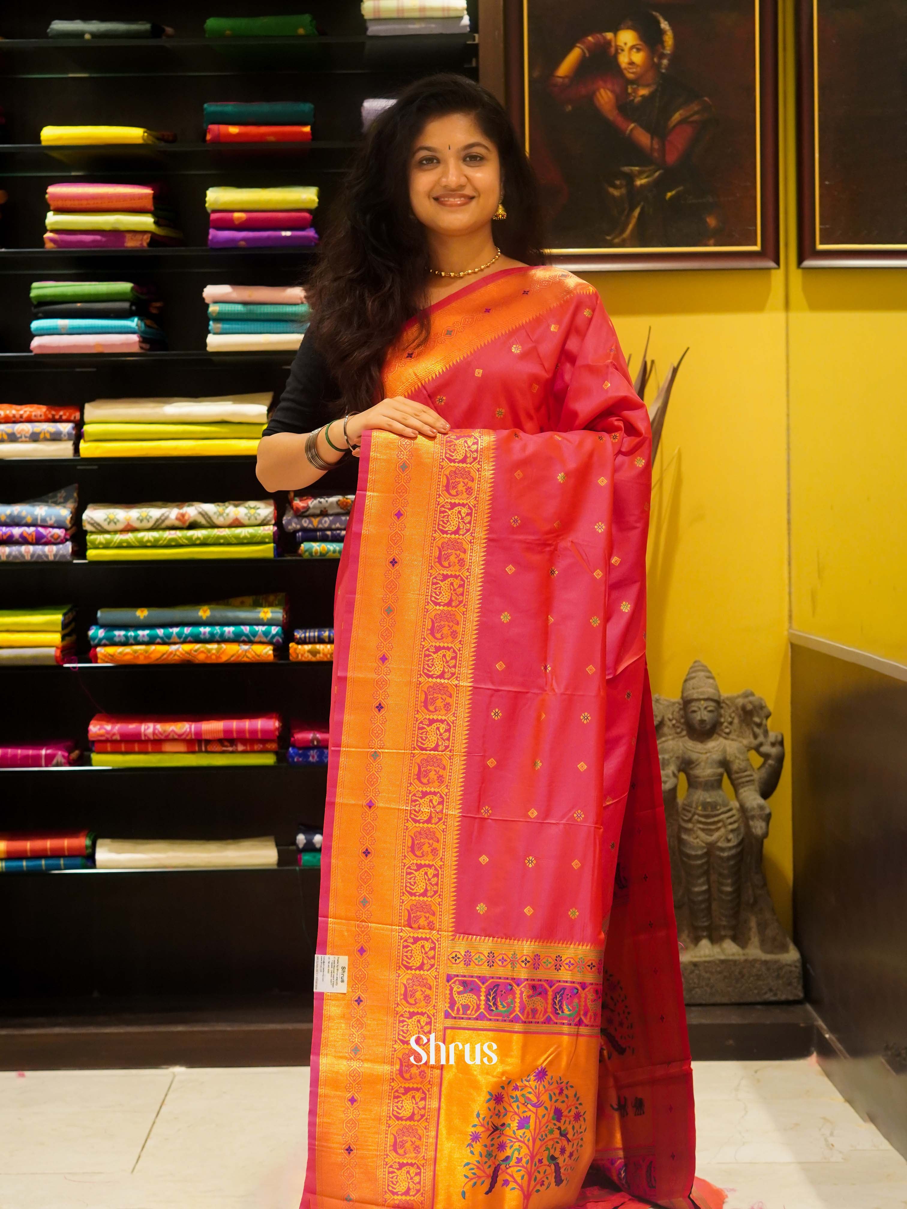 Pink(Single tone)-Semi Paithani Saree - Shop on ShrusEternity.com