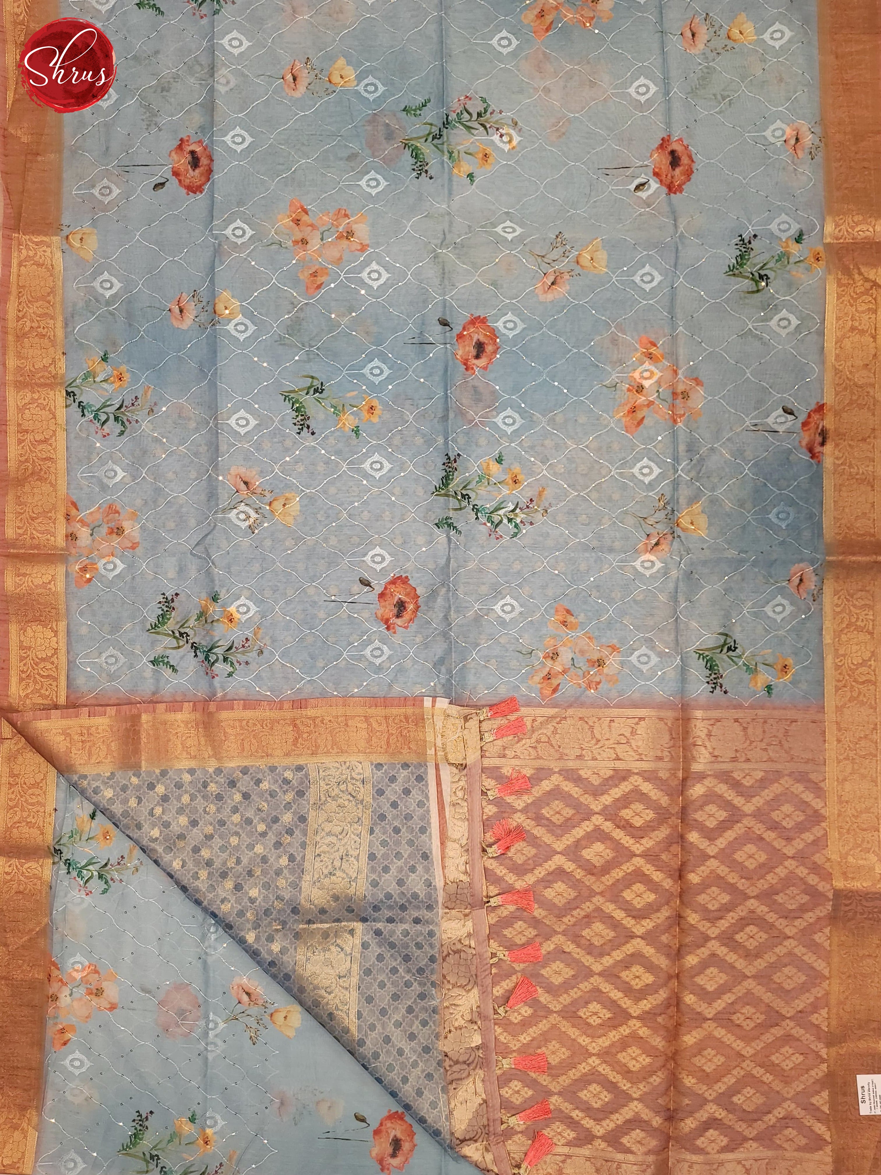Blue & Peach- Semi Jute Saree - Shop on ShrusEternity.com