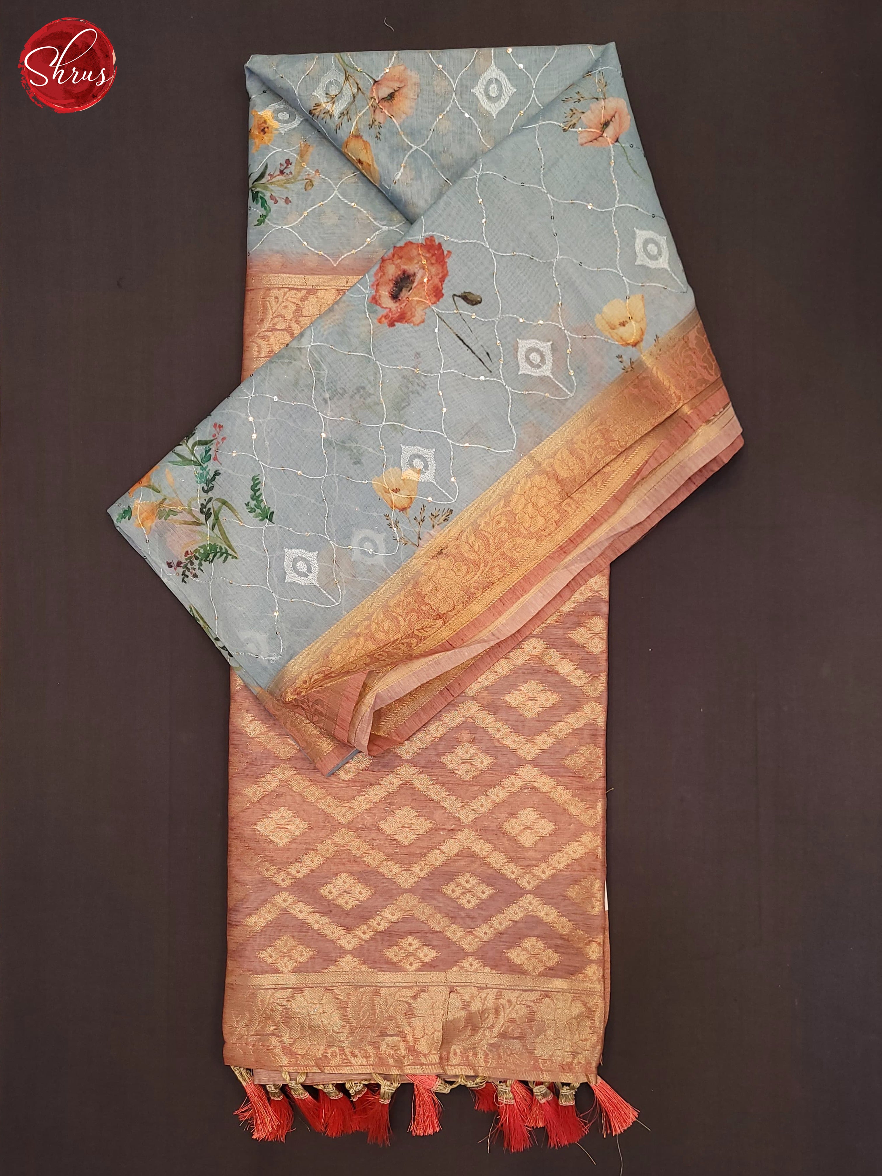 Blue & Peach- Semi Jute Saree - Shop on ShrusEternity.com