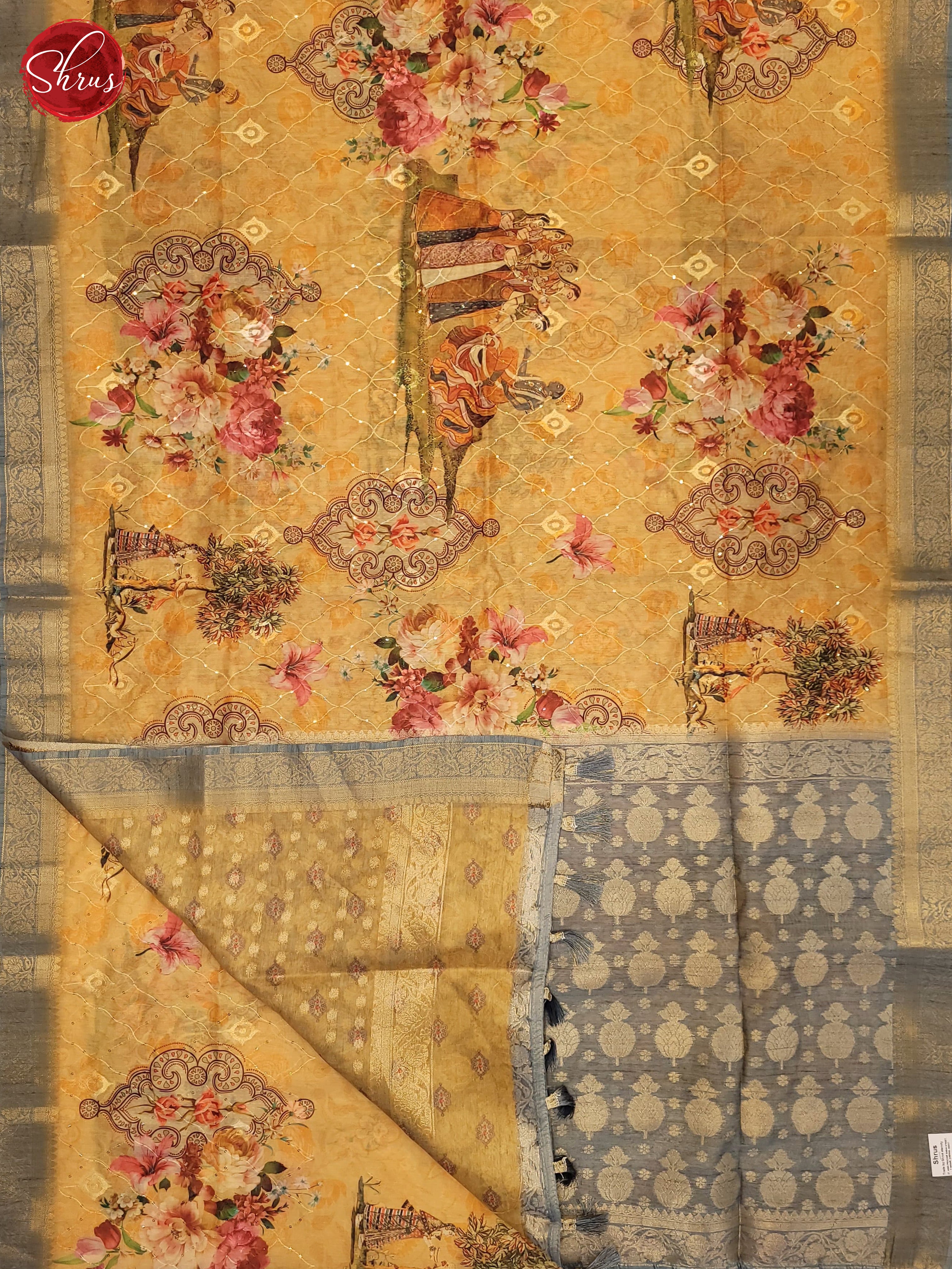 Yellow & Grey - Semi Jute Saree - Shop on ShrusEternity.com