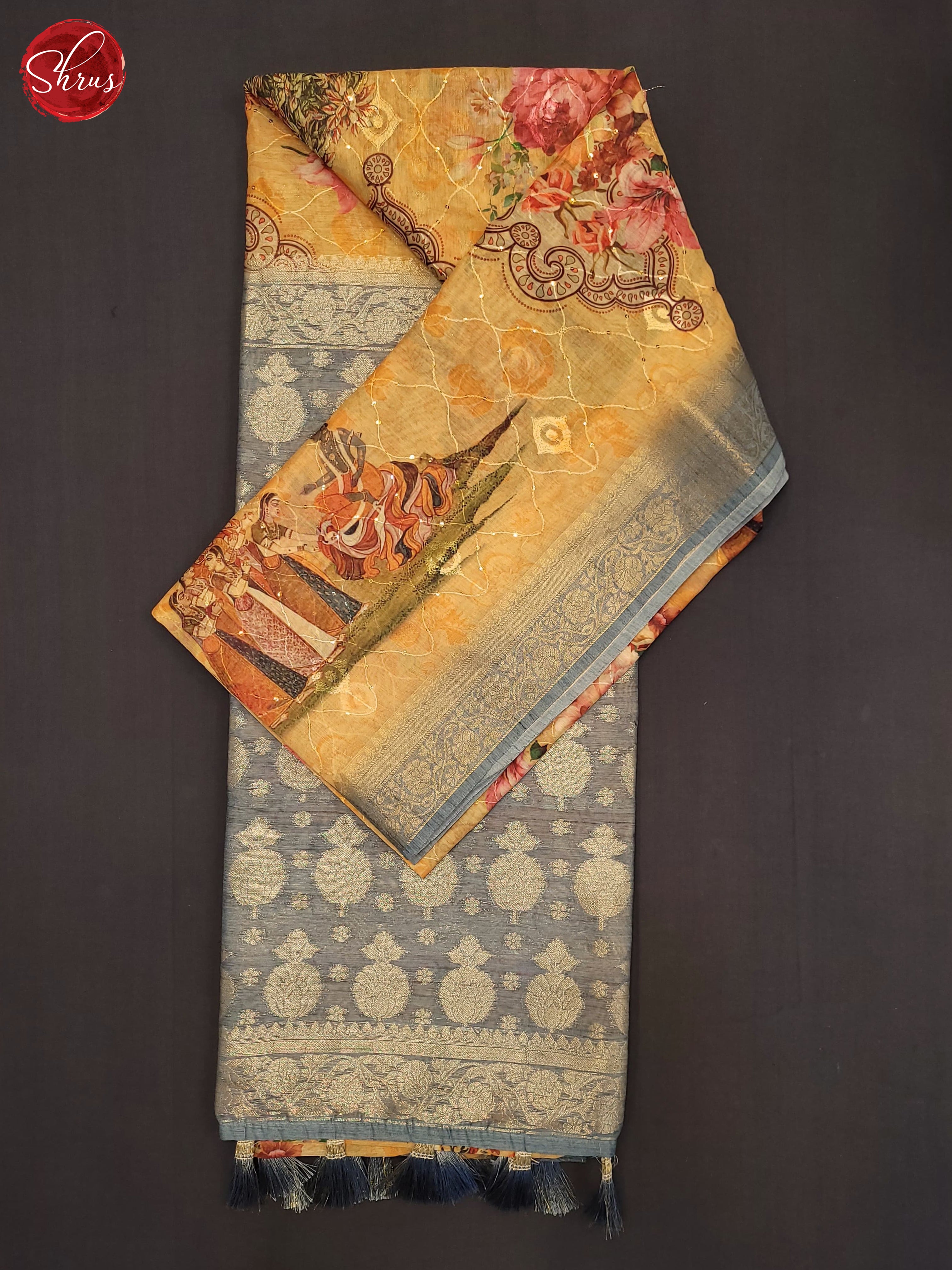 Yellow & Grey - Semi Jute Saree - Shop on ShrusEternity.com