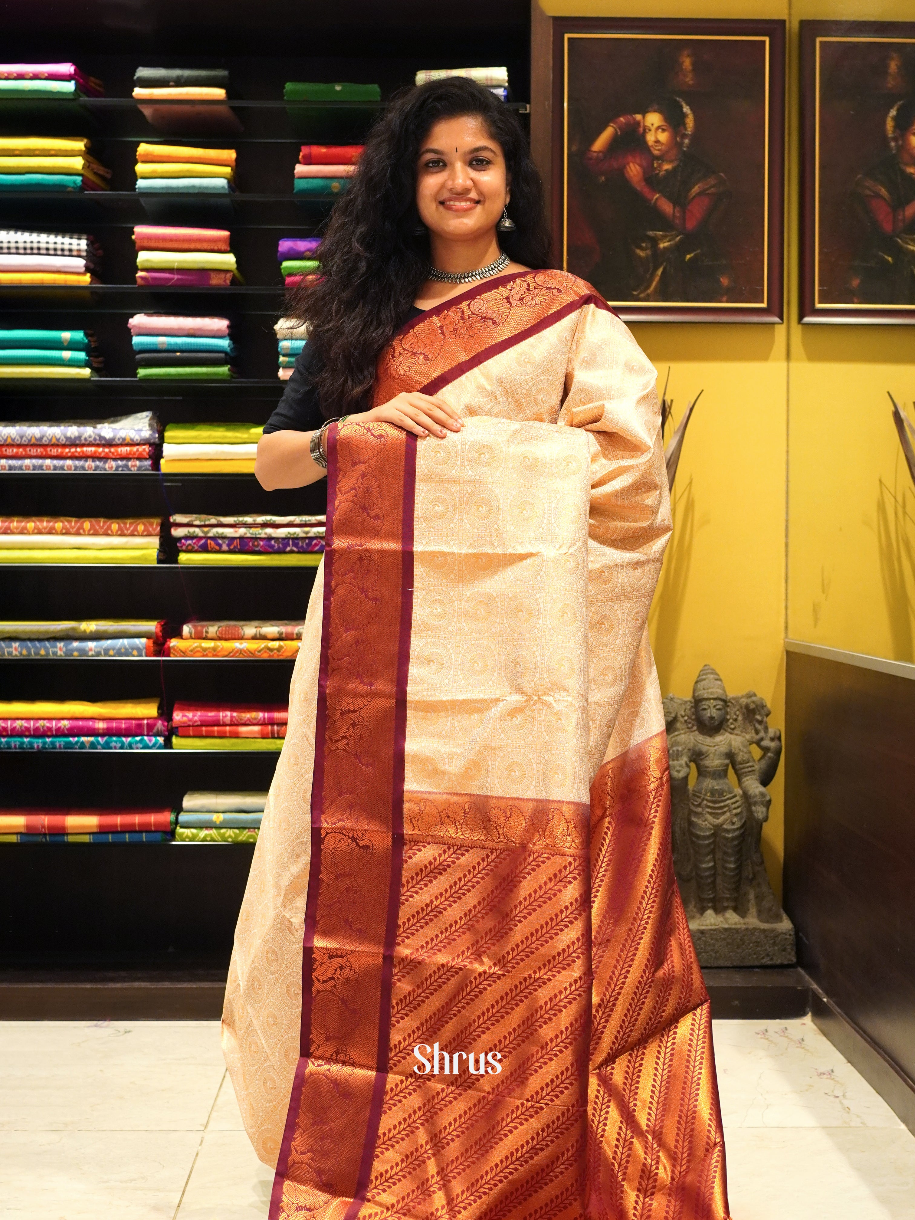 Cream & Maroon- Semi Kanchipuram Saree - Shop on ShrusEternity.com