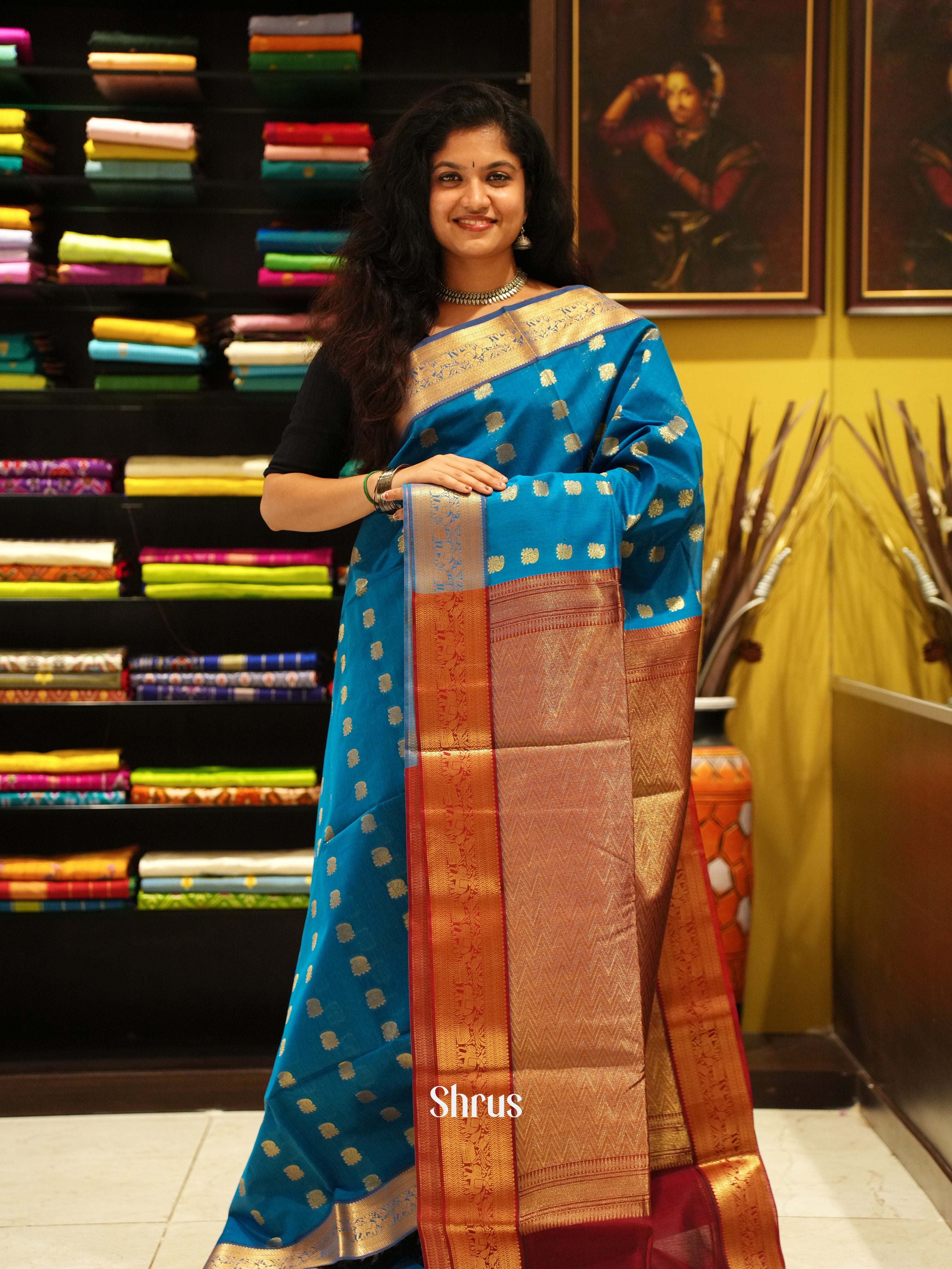 Blue & Maroon - Semi Silk cotton - Shop on ShrusEternity.com