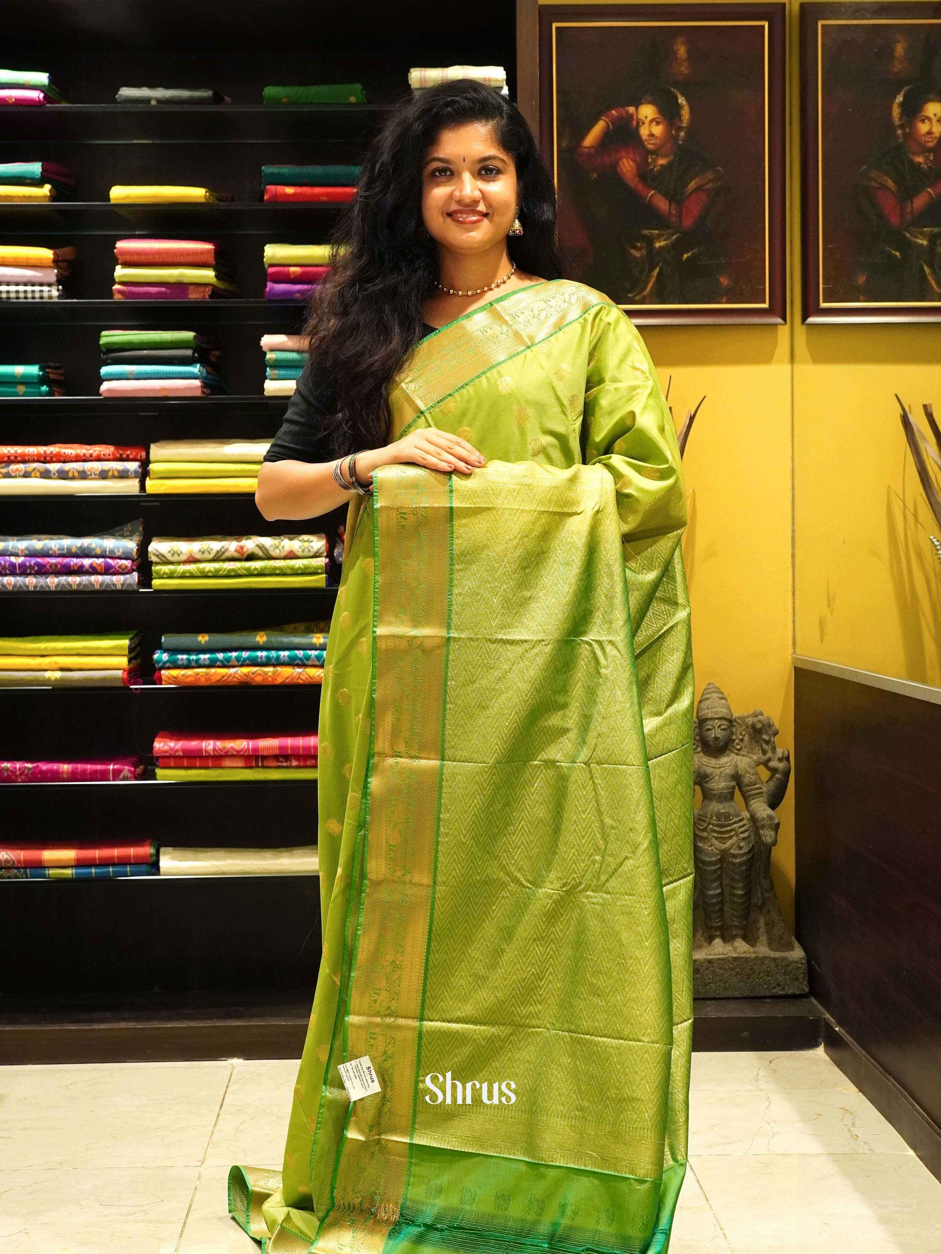 Green - Semi Kanchipuram Saree - Shop on ShrusEternity.com