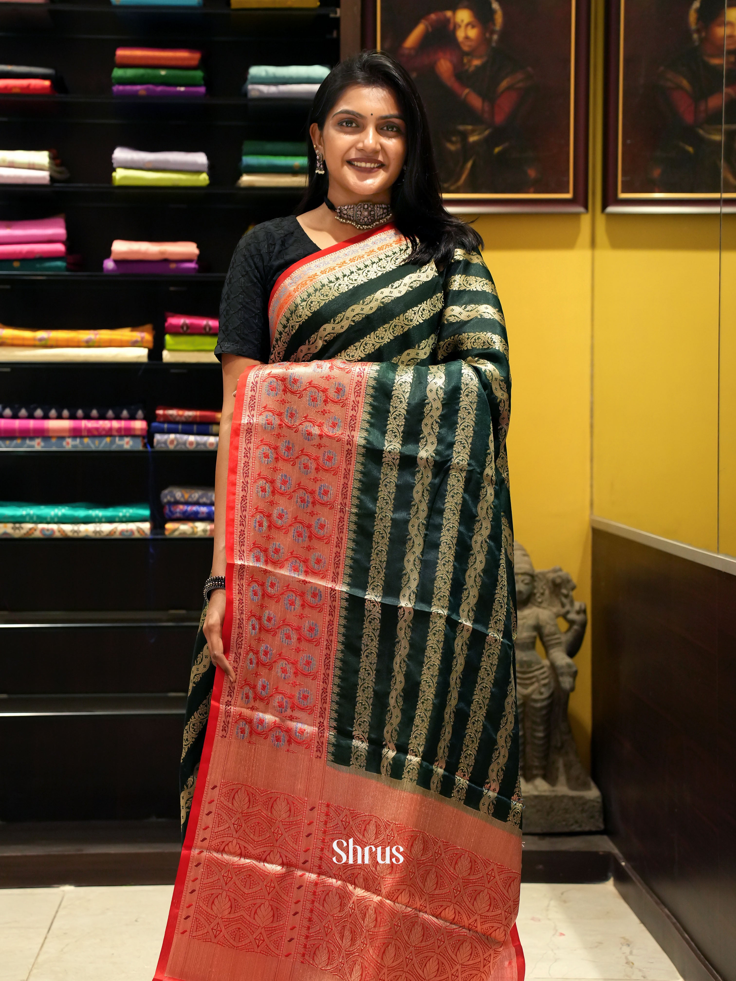 Green & Red- Semi Dupion Saree - Shop on ShrusEternity.com