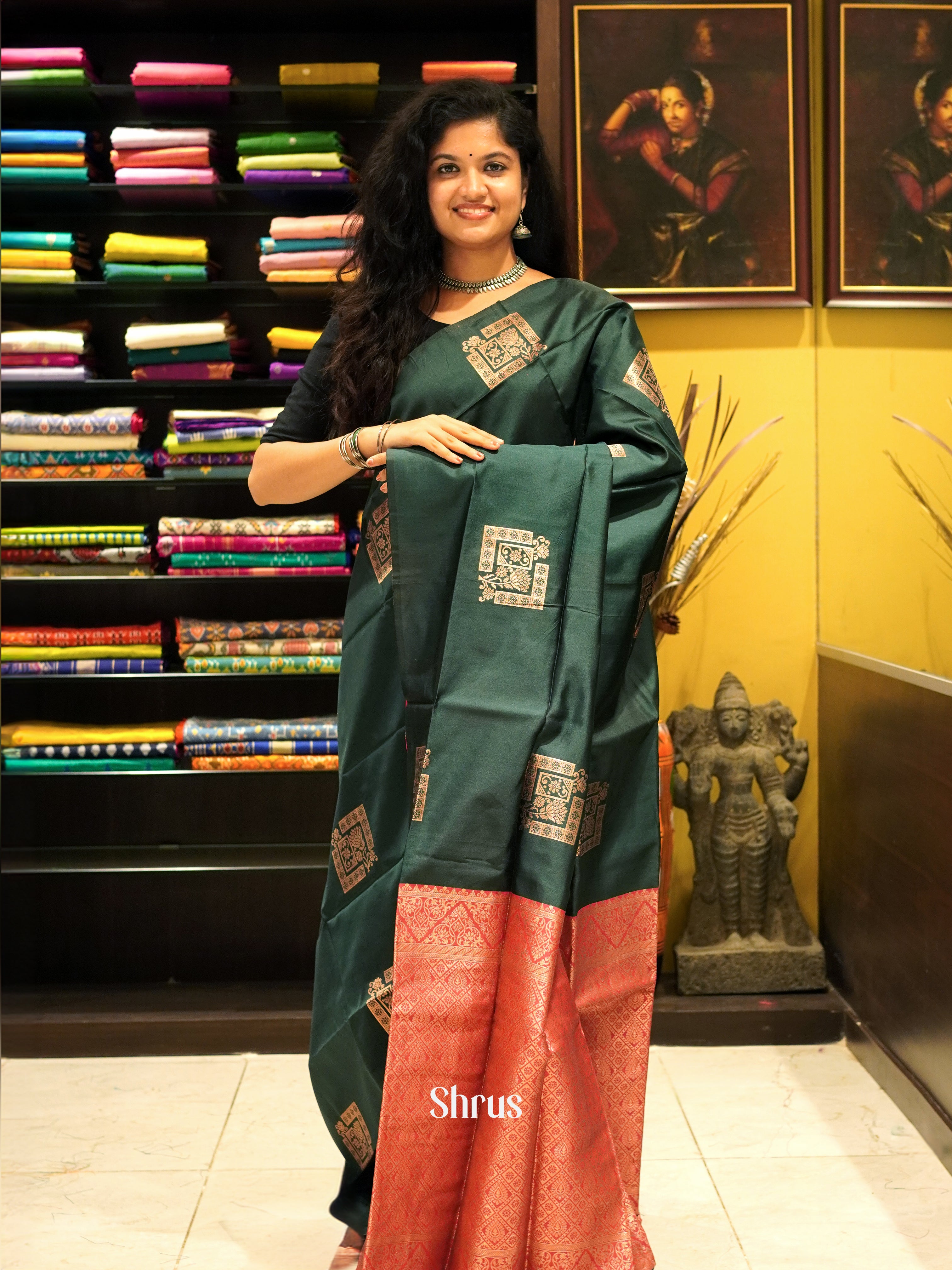 Bottle Green & Pink- Semi Softsilk Saree - Shop on ShrusEternity.com