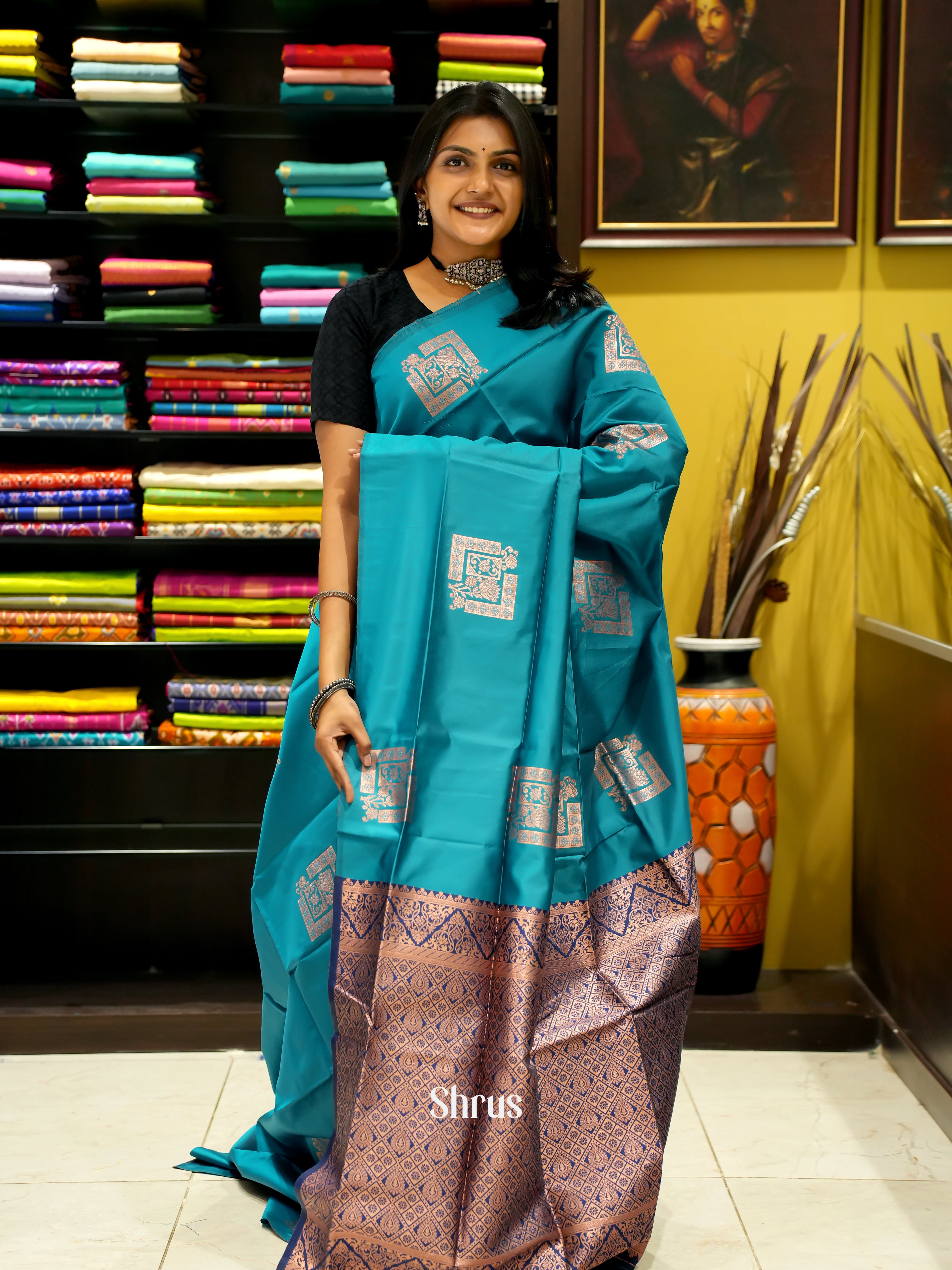 Peacock Green & Blue - Semi Softsilk Saree - Shop on ShrusEternity.com