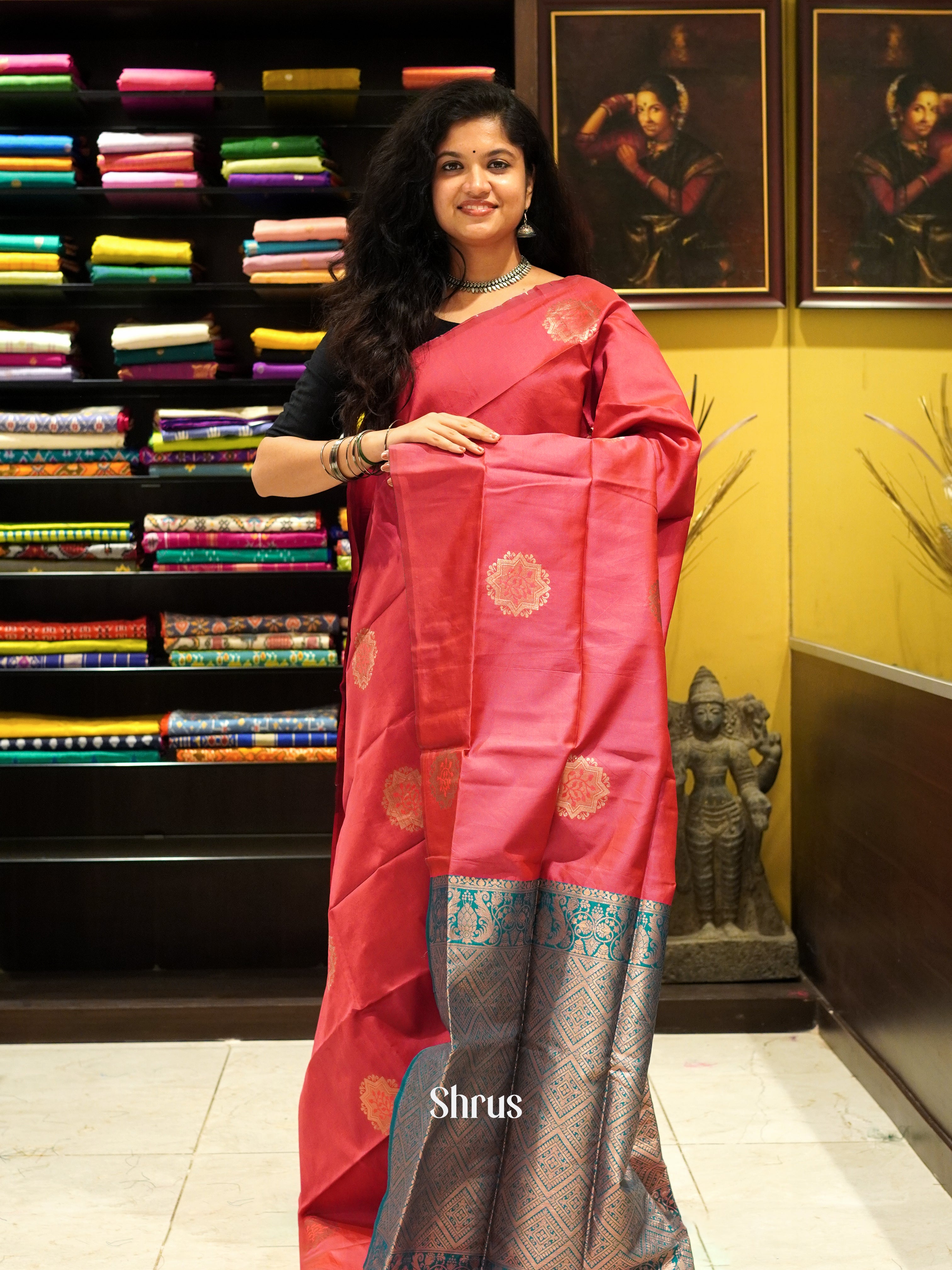 Pink And Peacock Neck- Semi soft silk saree - Shop on ShrusEternity.com