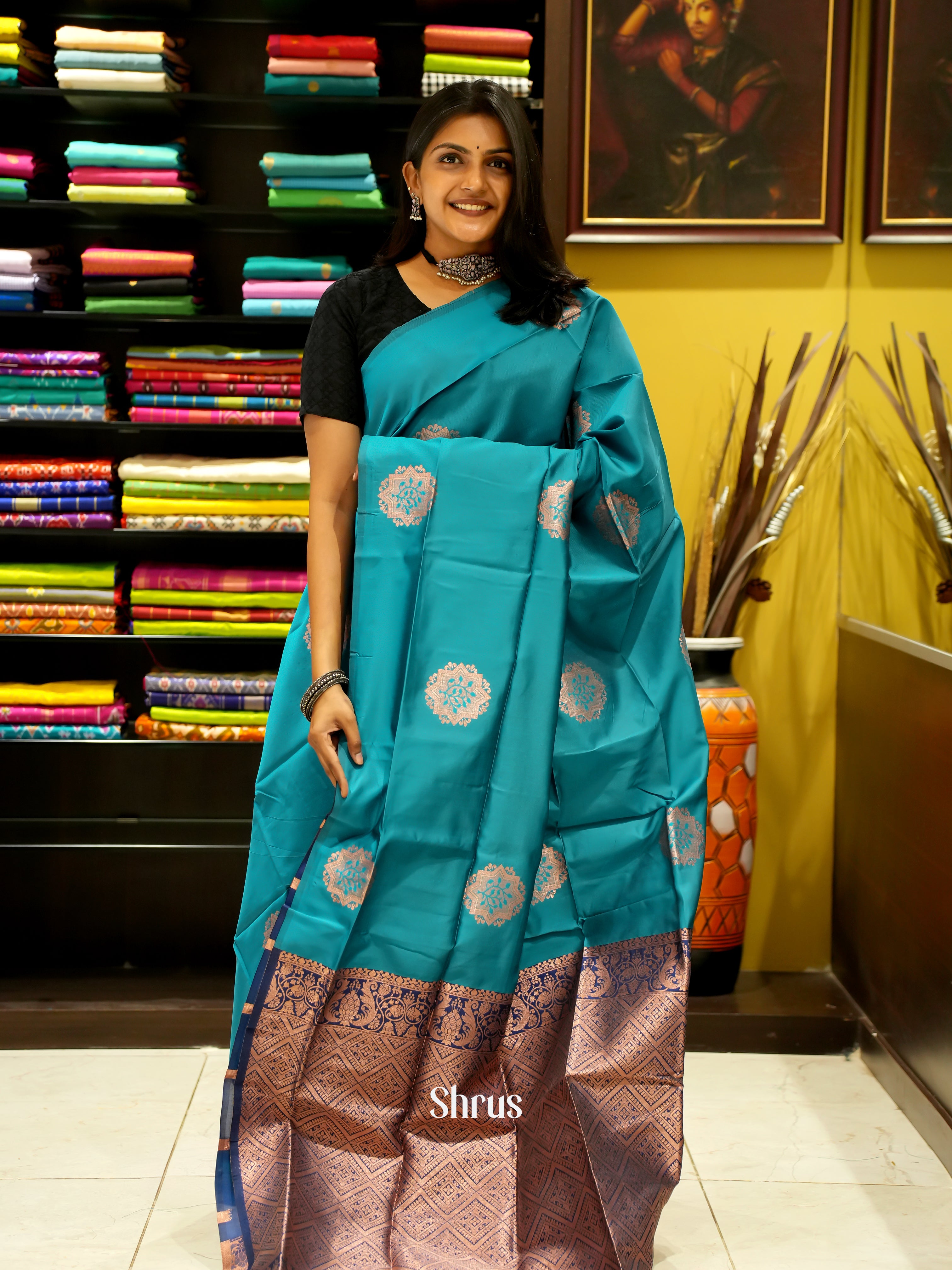 Peacock Green & Blue - Semi Softsilk Saree - Shop on ShrusEternity.com